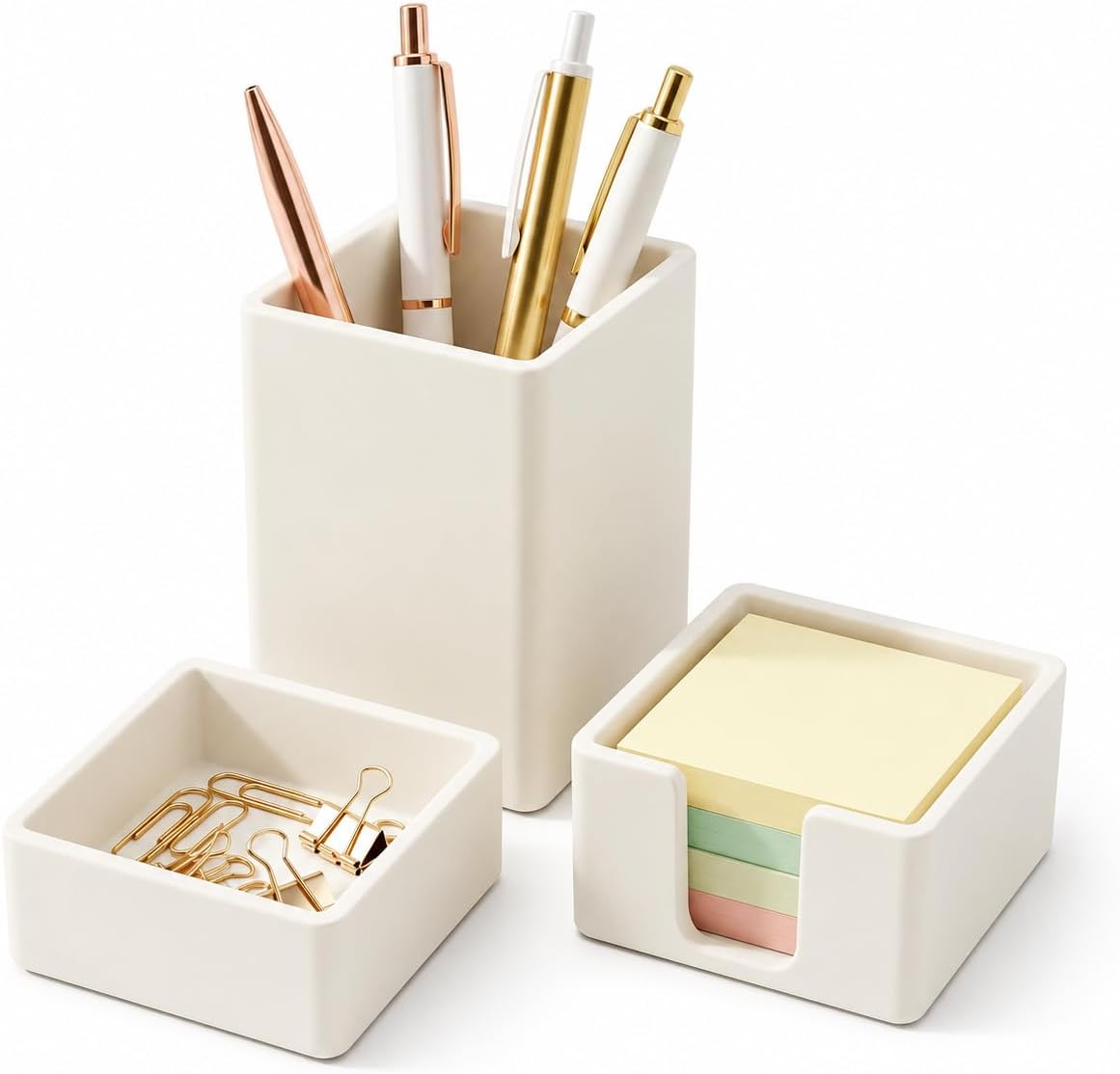 minimaliving Aesthetic Silicone Desk Organizer Set of 3,Modern Office Desk Accessories with Pen Holder,Paperclip Tray,Sticky Note Holder,Stylish Functional Office Desk Decor for Back-to-school(Beige)