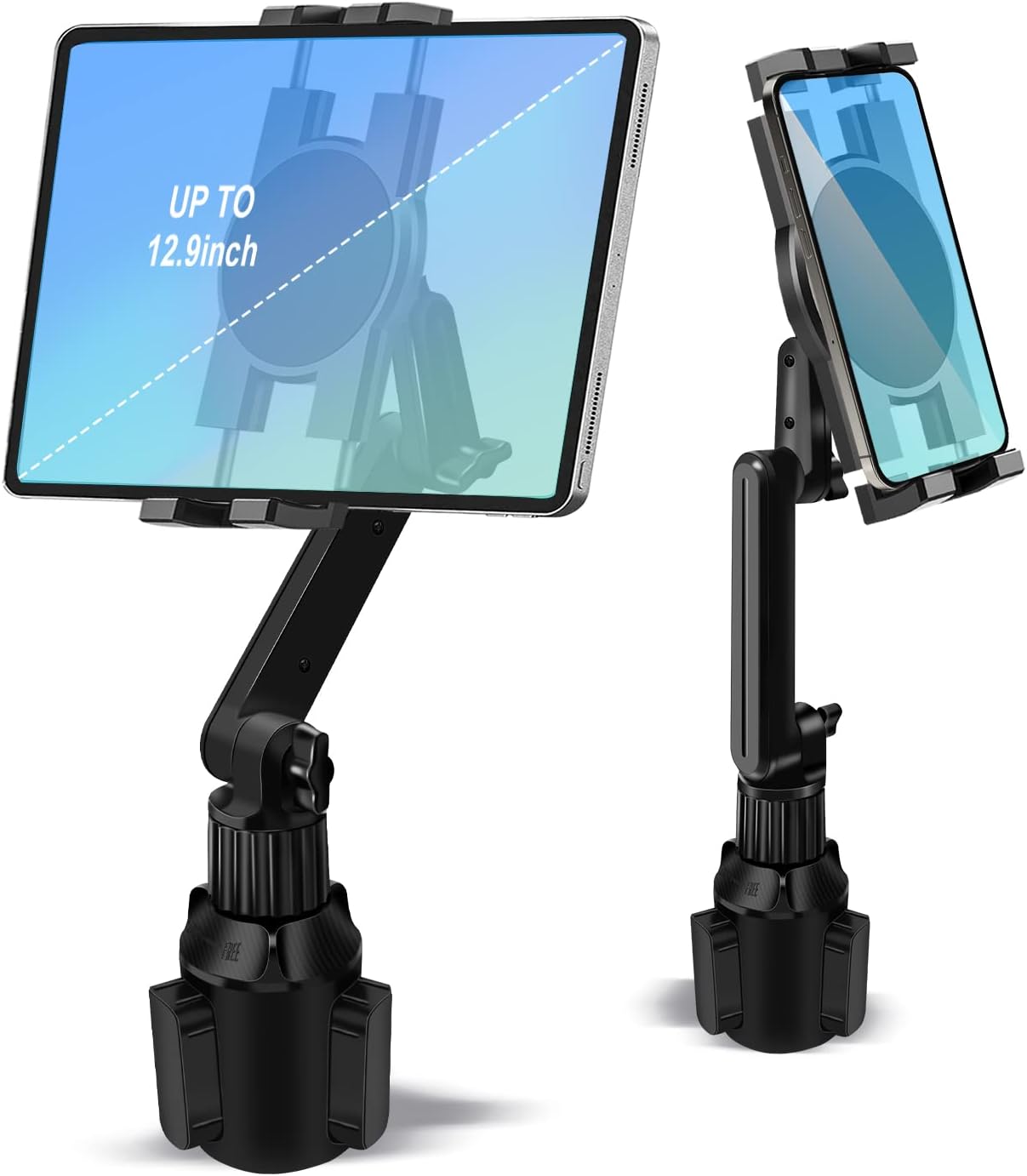 Cup Holder Car Tablet Mount for Truck, 360° Adjustable 15" Long 2-Arm Stand Holder for iPad Pro 12.9/11/10.5/9.7/Air/Mini 6/5/4, Galaxy Tab/Z Fold 6/5/4, iPhone 17/16/Pro, 4.7-12.9" Tab &Phone