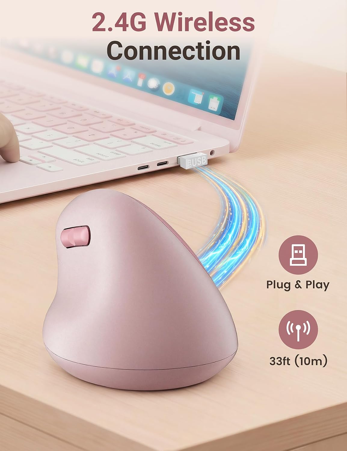 Ergonomic Vertical Wireless Mouse, 57°, Small/Medium Hands, Pink - Image 9