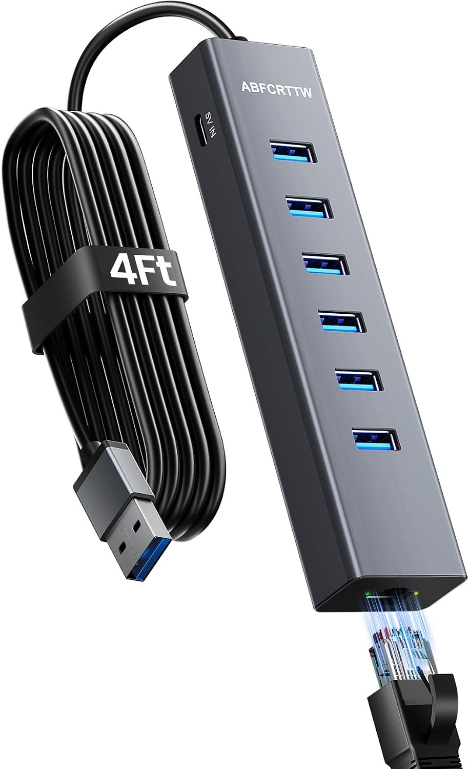4FT USB to Ethernet Adapter with 1Gbps Ethernet & 6 USB 3.0 Port