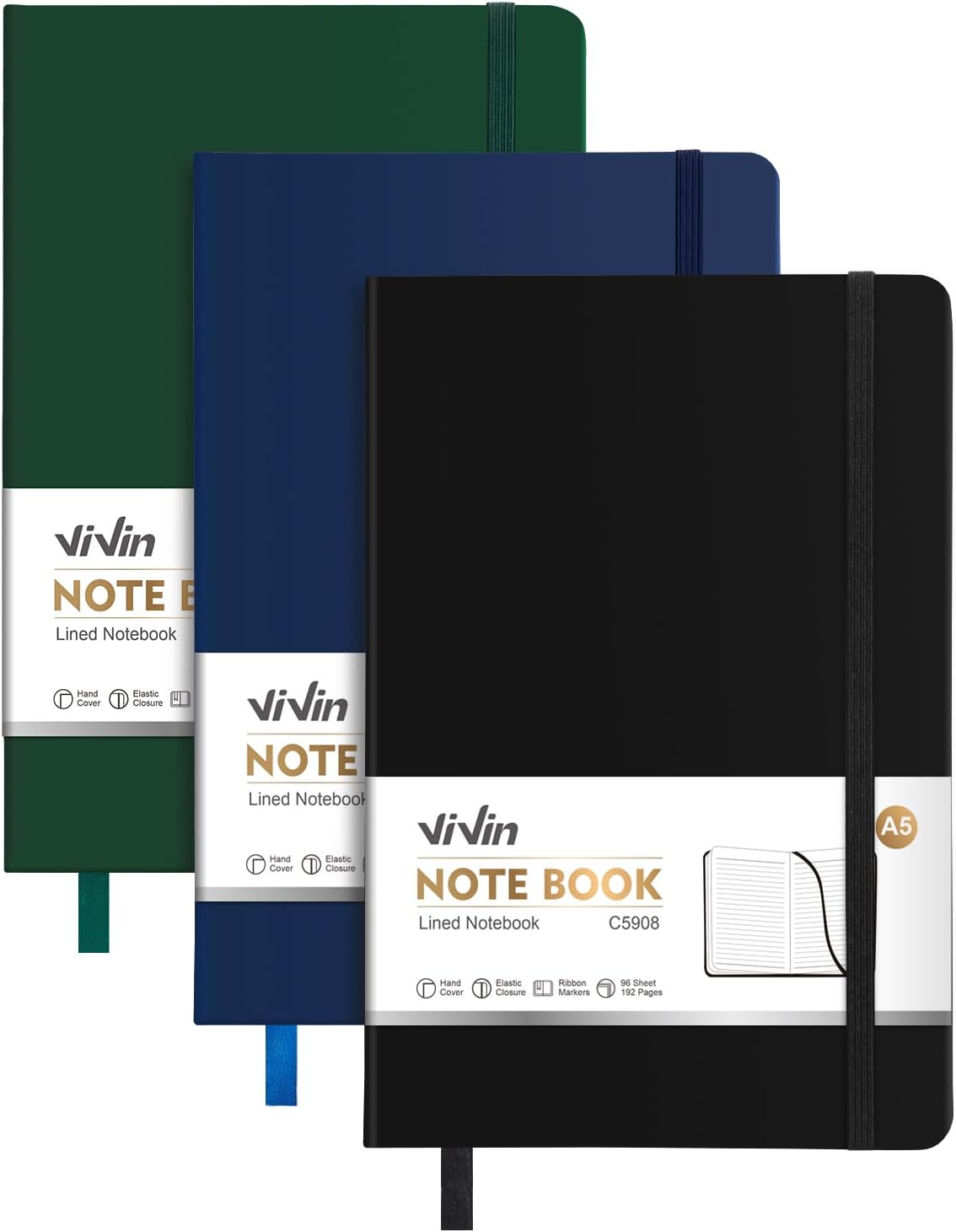 ViVin 3 Pack A5 Hardcover Lined Notebook,192 pg College Ruled 5.5x8.3