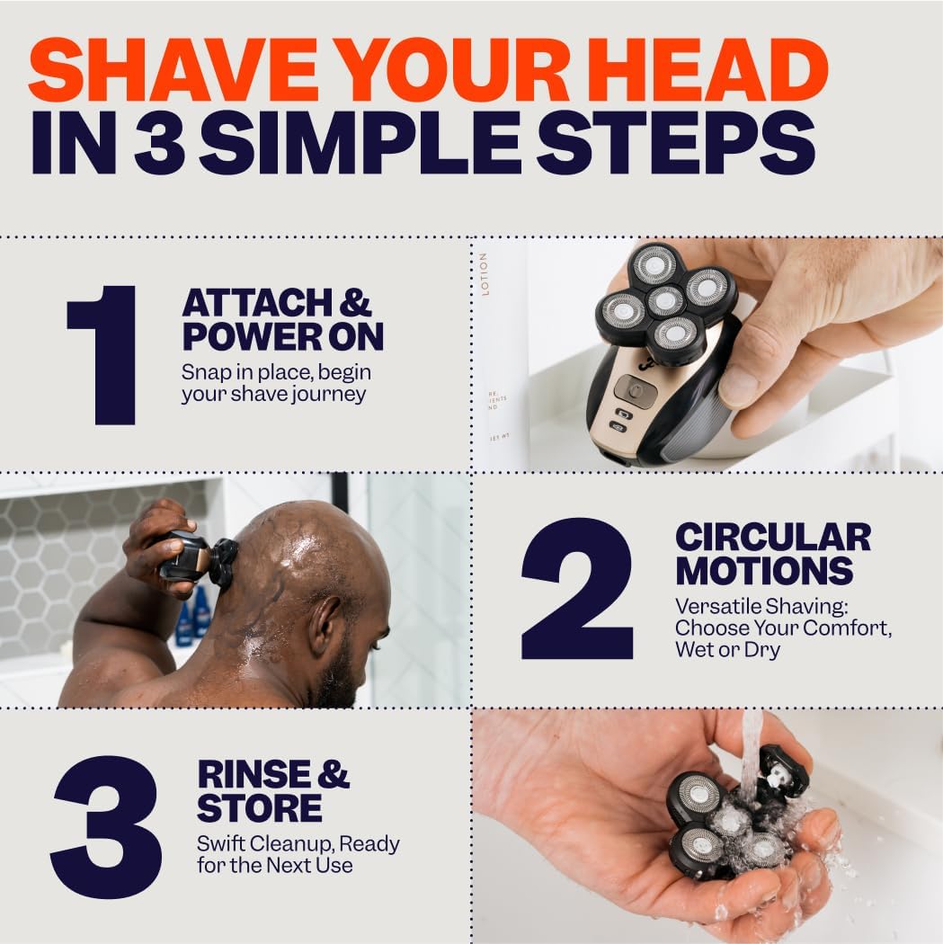 Freebird FlexSeries Electric Head & Body Hair Shaver - Mens Cordless Rechargeable Wet/Dry Skull Bald Head Back & Groin Waterproof Razor with Rotary Blades, Clippers, Nose Trimmer, Brush, Massager - Image 6
