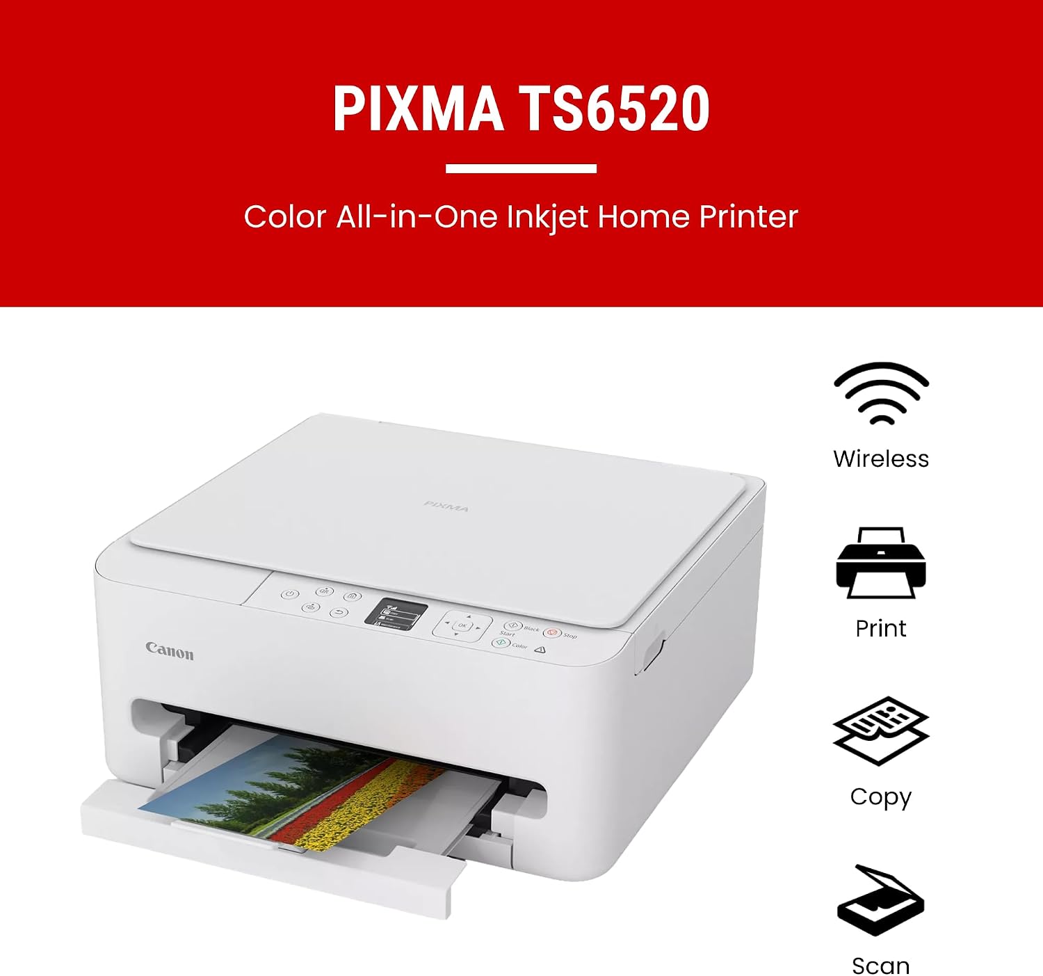 Canon PIXMA TS6520 Wireless Color Inkjet Printer, Duplex Printing, Copier/Scanner, 1.42" OLED Display, Compact, White - Image 2