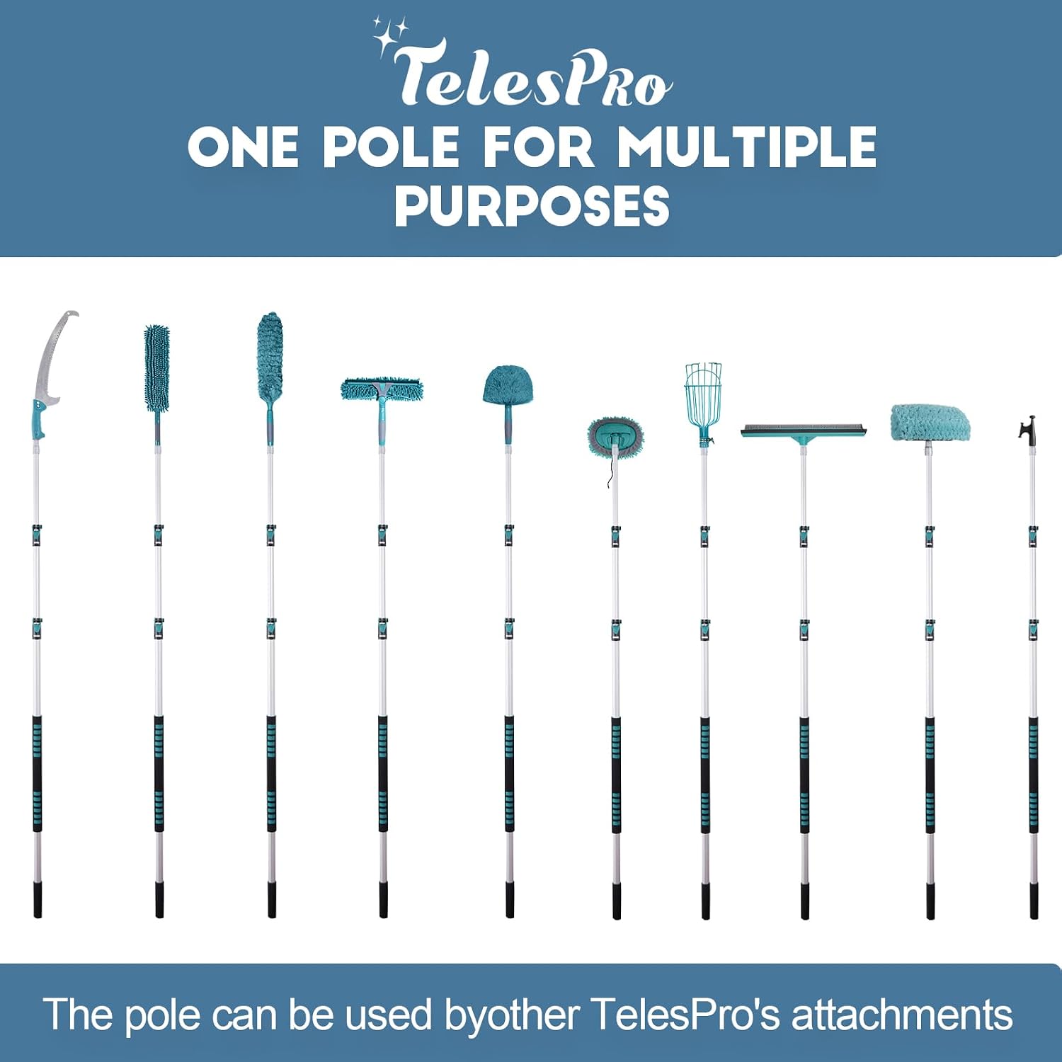 TelesPro 30 Foot High Reach Duster Kit with 6-24FT Extension Pole High Ceiling Dusting and Window Cleaning Kit with Telescopic Pole Window Washer&Squeegee,Cobweb Duster,Fan Duster and Feather Duster - Image 8