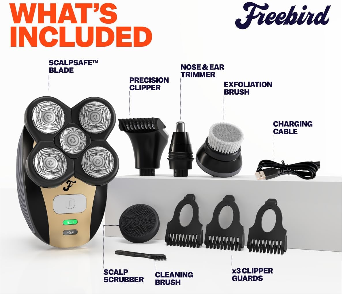 Freebird FlexSeries Electric Head & Body Hair Shaver - Mens Cordless Rechargeable Wet/Dry Skull Bald Head Back & Groin Waterproof Razor with Rotary Blades, Clippers, Nose Trimmer, Brush, Massager - Image 3