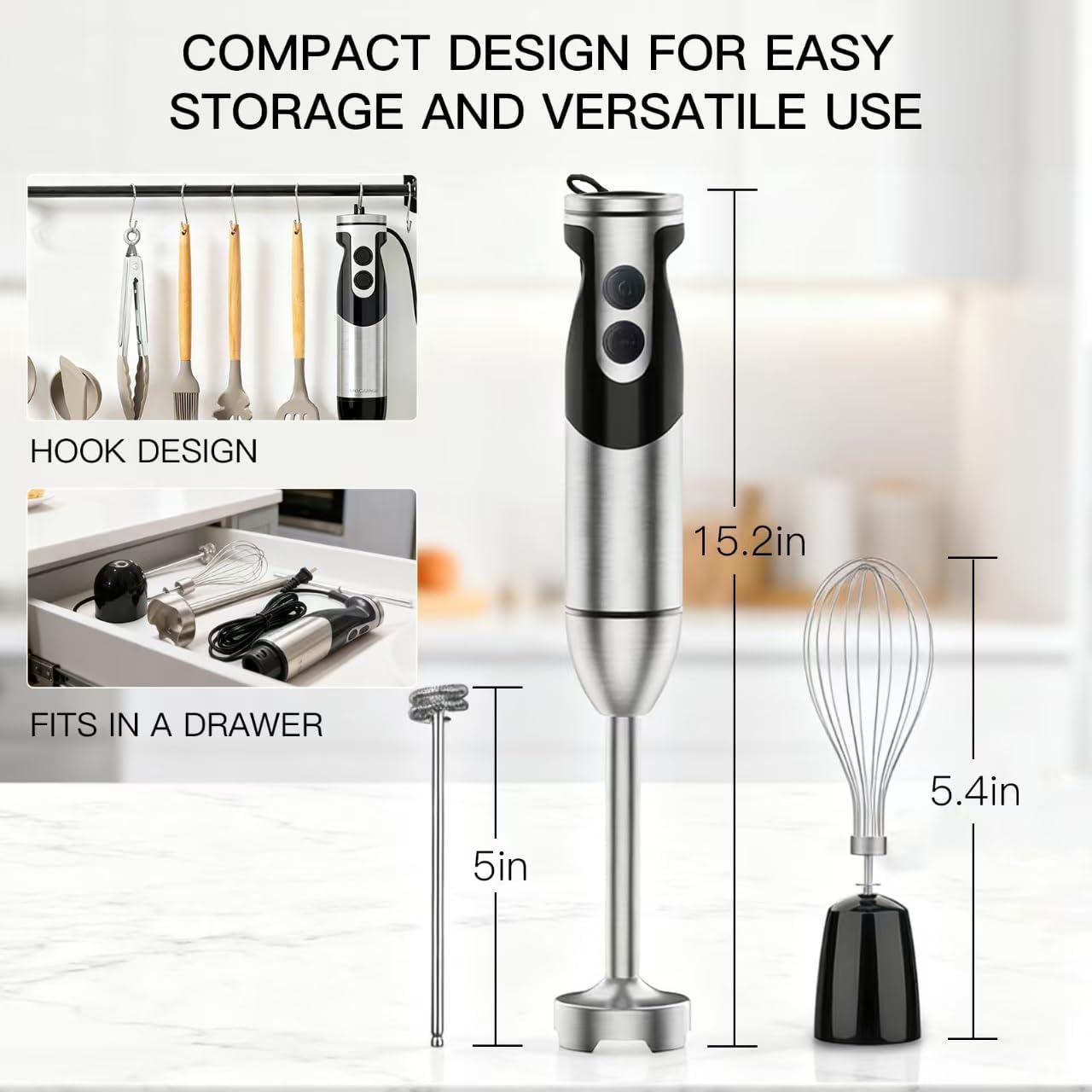 3-in-1 Immersion Hand Blender, Powerful MOTOR 12-Speed Stick Blender with Sturdy Titanium Plated Stainless Steel Blades - Image 4