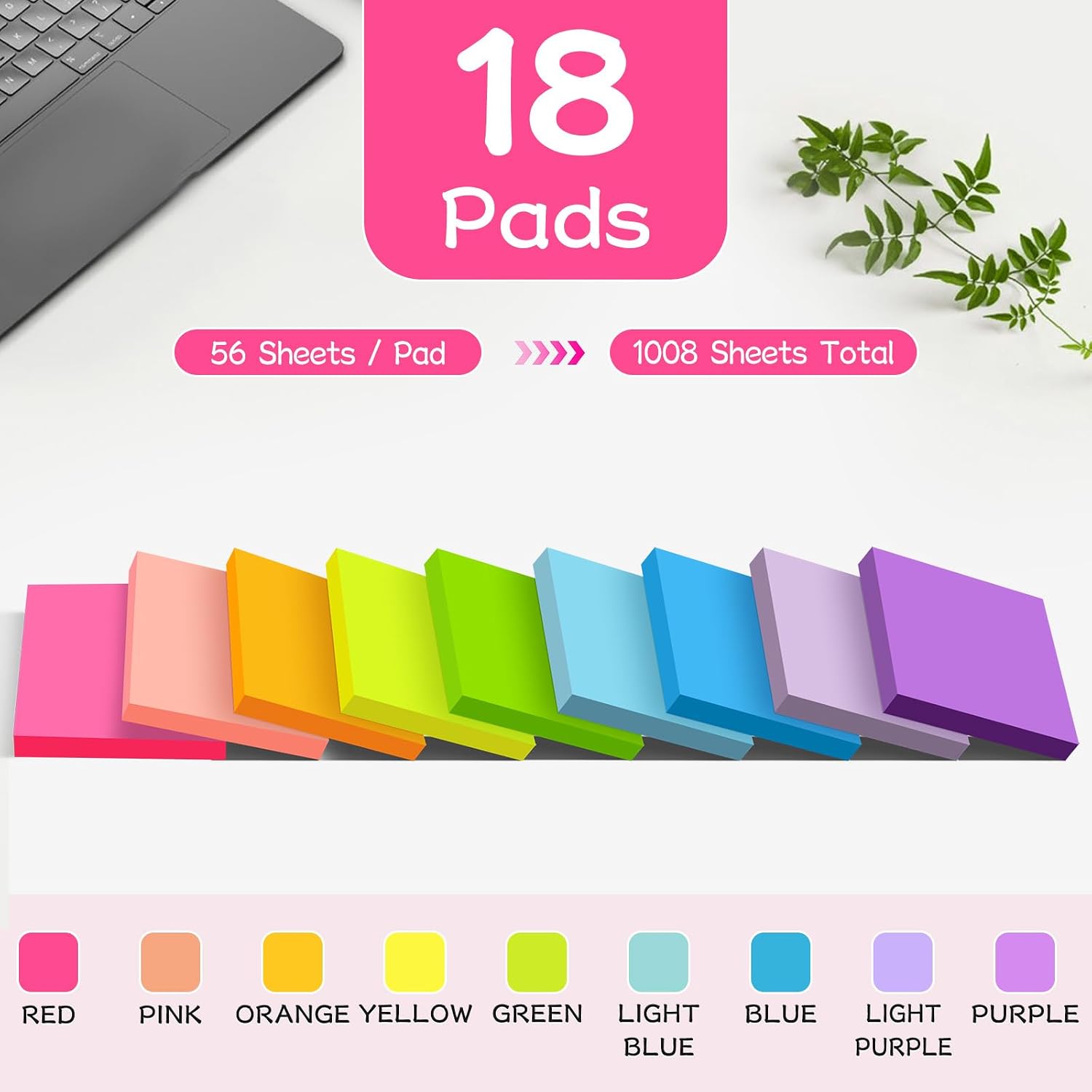 (18 Pads) Sticky Notes 3x3 inch, 9 Bright Colors Self-Stick Pads - Image 2
