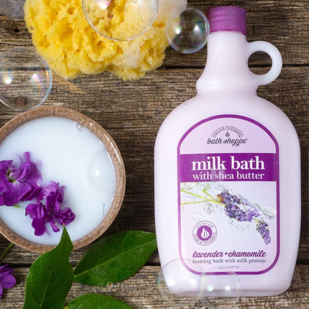 Village Naturals Bath Shoppe Moisturizing Lavender Chamomile Milk Bath - Hydrates Skin - Made with Shea Butter and Vitamin E (Pack of 2 Bottles, 28 fl oz Each) - Image 3