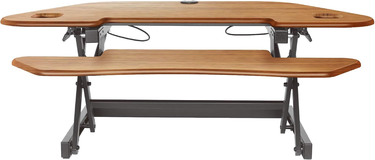 Rocelco 46" Large Height Adjustable Corner Standing Desk Converter - Quick Sit Stand Up Dual Monitor Riser - Gas Spring Assist Computer Workstation - Wide Keyboard Tray - Teak Wood Grain (R CADRT-46) - Image 5