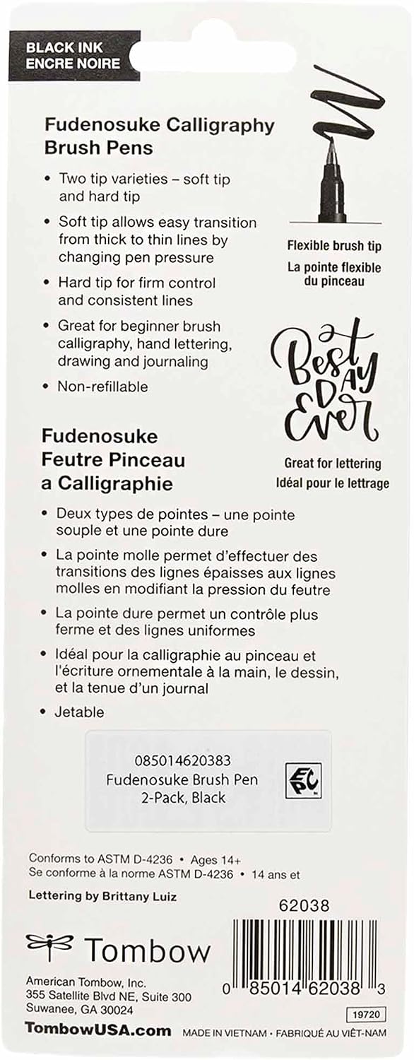 Tombow 62038 Fudenosuke Brush Pen, 2-Pack. Soft and Hard Tip Fudenosuke Brush Pens for Calligraphy and Art Drawings - Image 2
