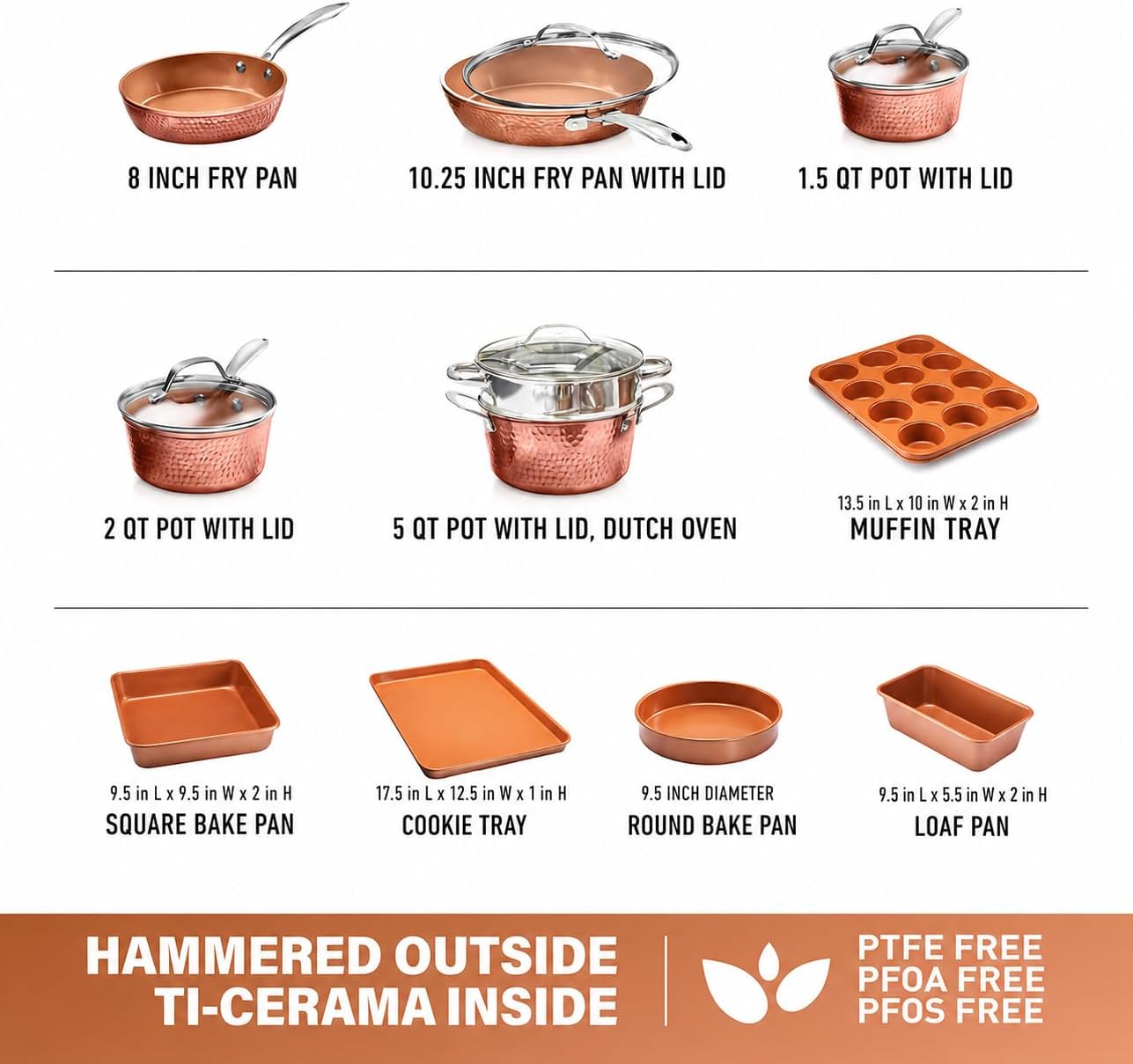 GOTHAM STEEL HAMMERED 15 Pc Titanium Ceramic Cookware Set, Copper - Image 2