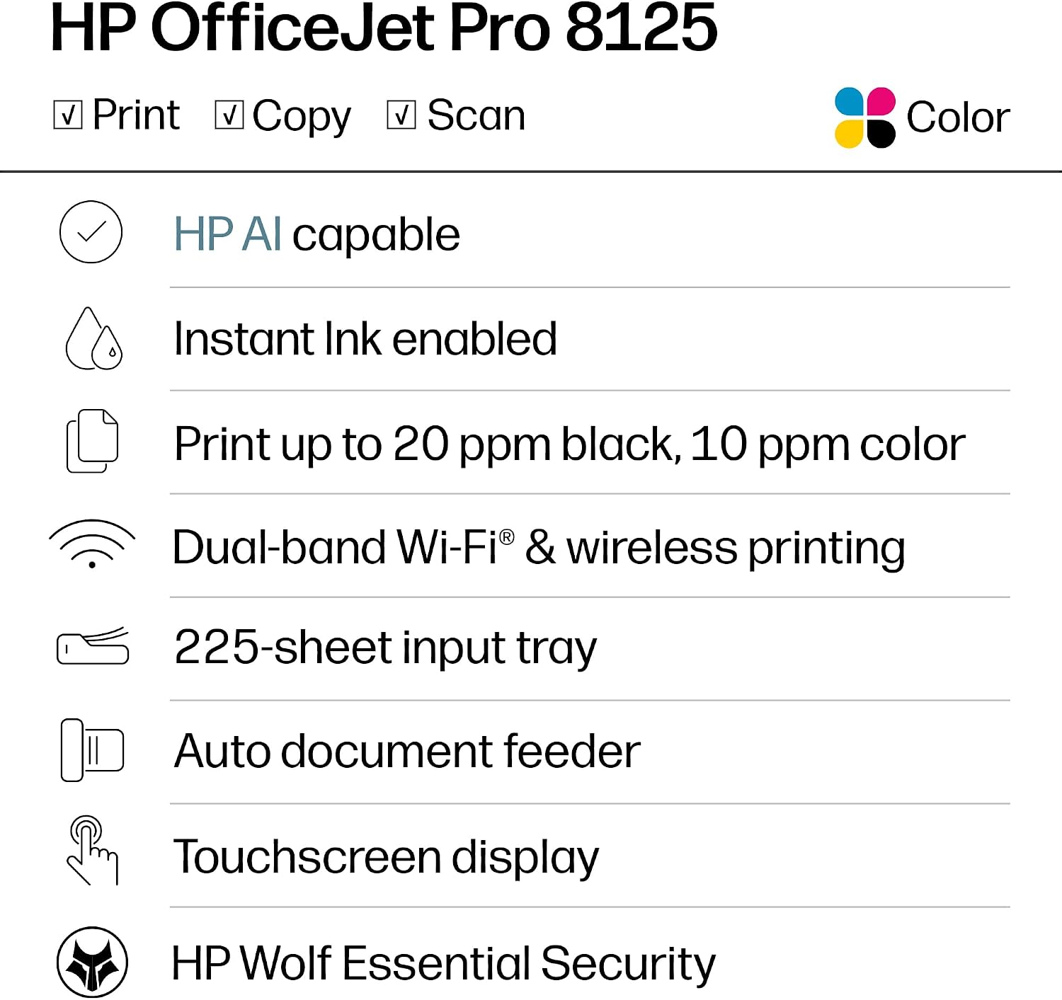 HP OfficeJet Pro 8125 Wireless All-in-One Color Inkjet Printer, Print, Scan, Copy, ADF, Duplex Printing Best-for-Home Office, 3 Month Trial of Instant Ink Included, AI-Capable (C2VJ4A) - Image 2