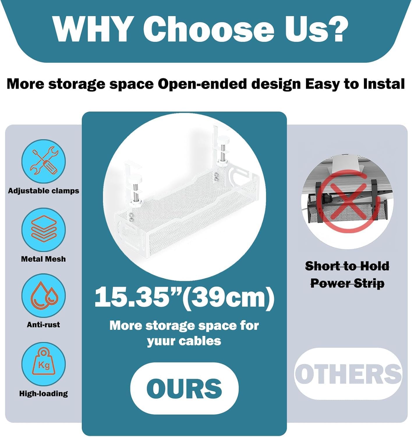 Under Desk Cable Management Tray, No Drill Mesh Cable Tray Cord Organizer - Image 3