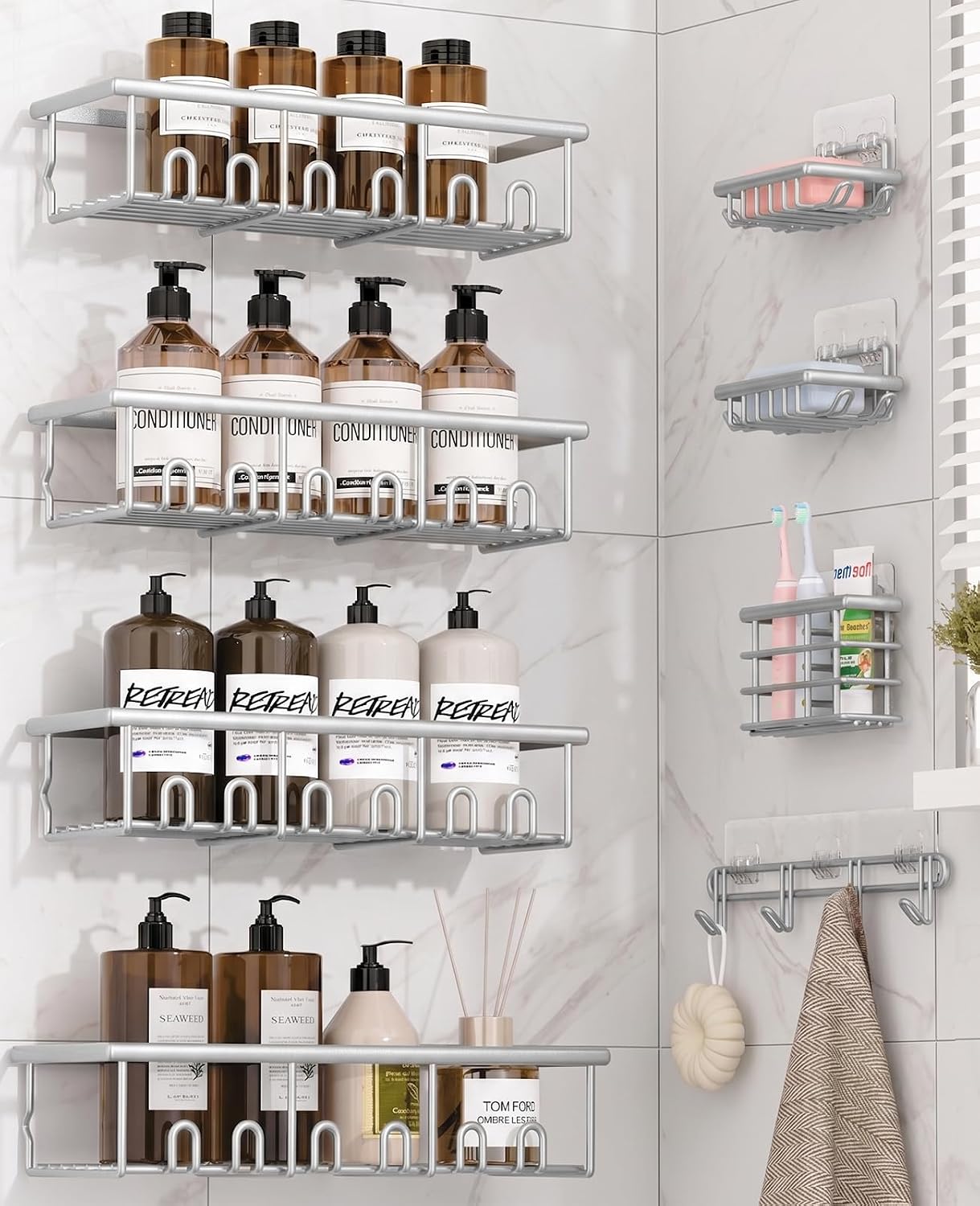 8 Pack Adhesive Bathroom Holders & Dispensers for Kids & Adults, Silver