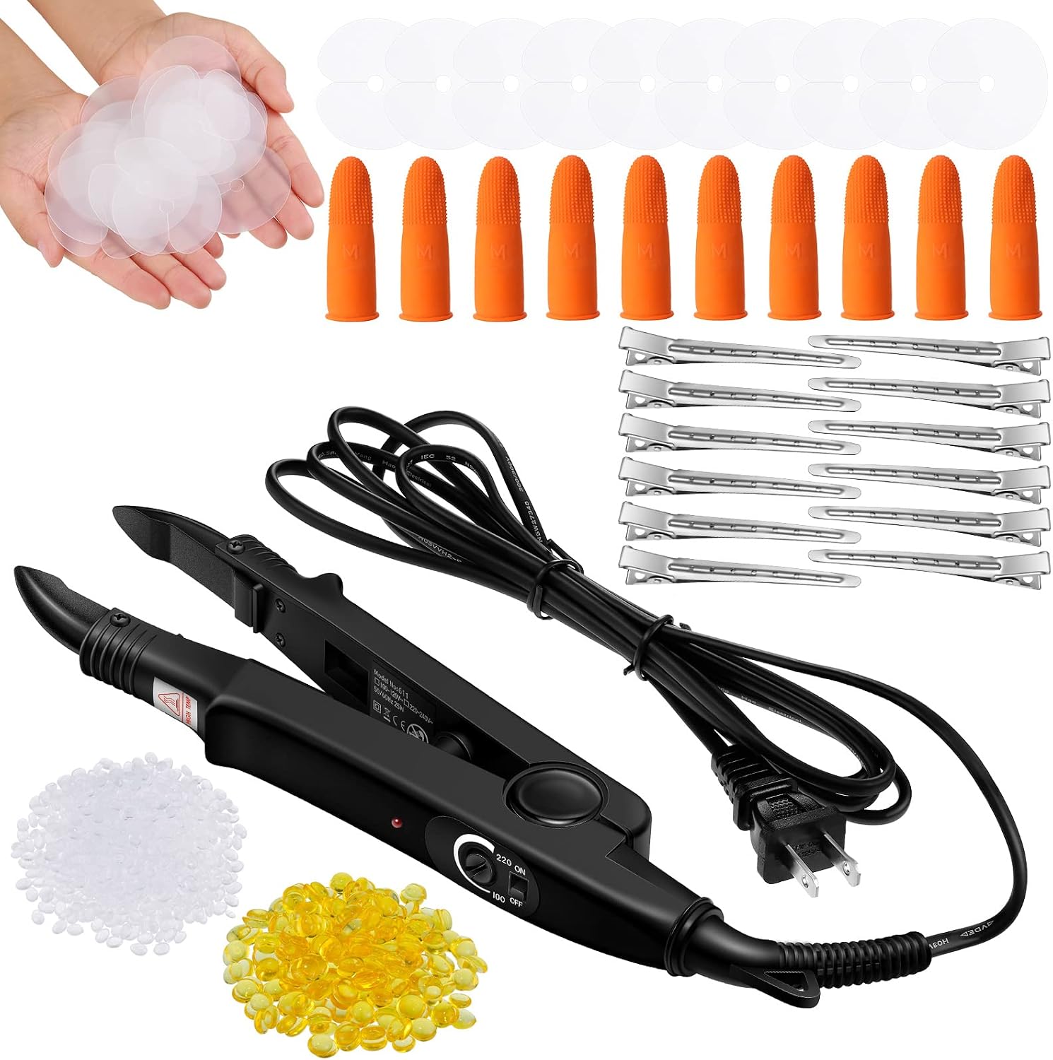 Lothee K Tip Hair Extensions Kit with Heat Iron Finger Protector, Black