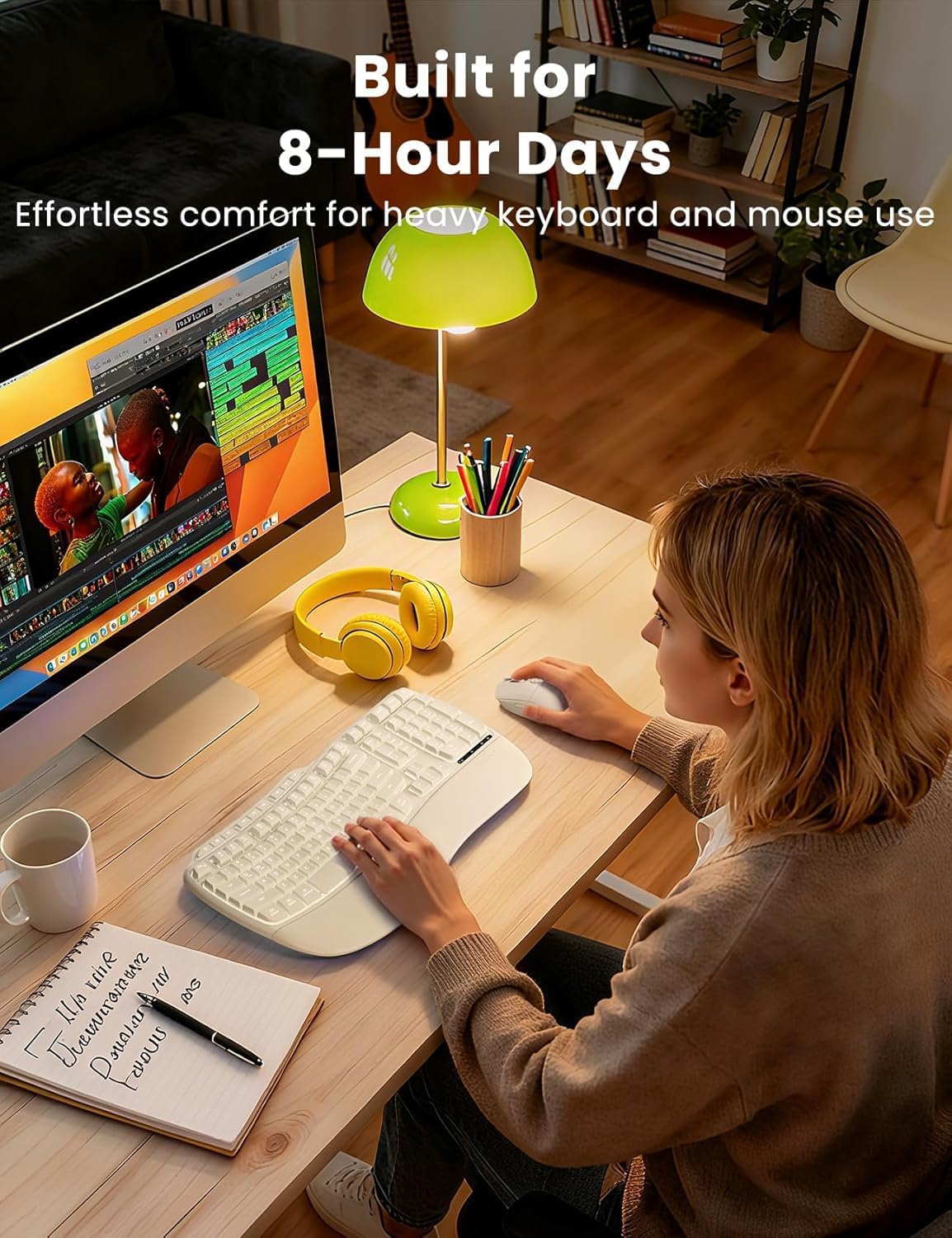 SABLUTE White Wireless Keyboard and Mouse Combo, Light up Ergonomic Keyboard Set, 2.4G Full Size Ergo Wave Key Board with Cushioned Plam Rest, Silent Mouse, for Computer/Laptop/Windows/Mac - Image 3