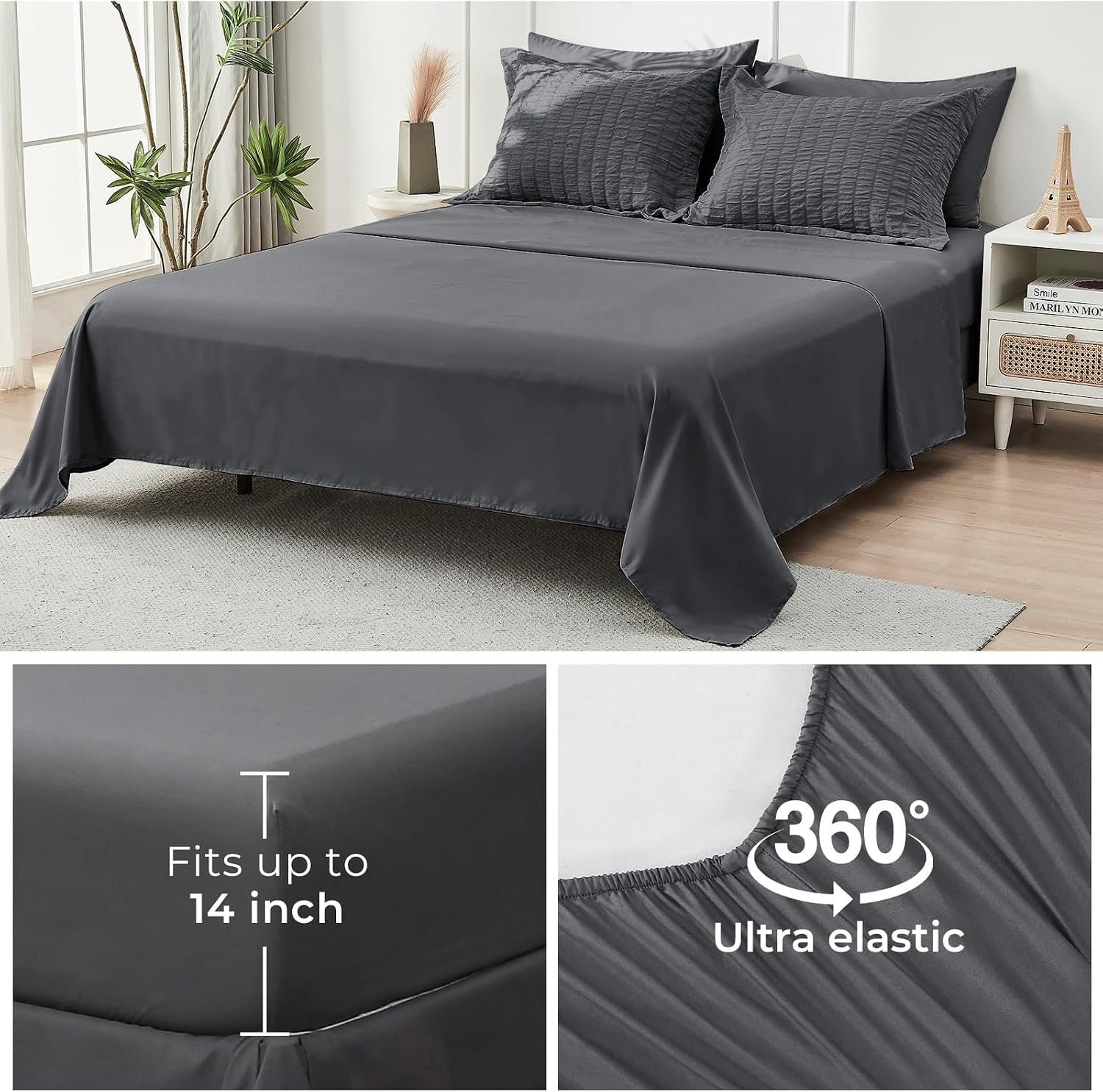 Full Comforter Set - 7PCS Bed in a Bag, Seersucker Bedding Set, Dark Grey - Image 6
