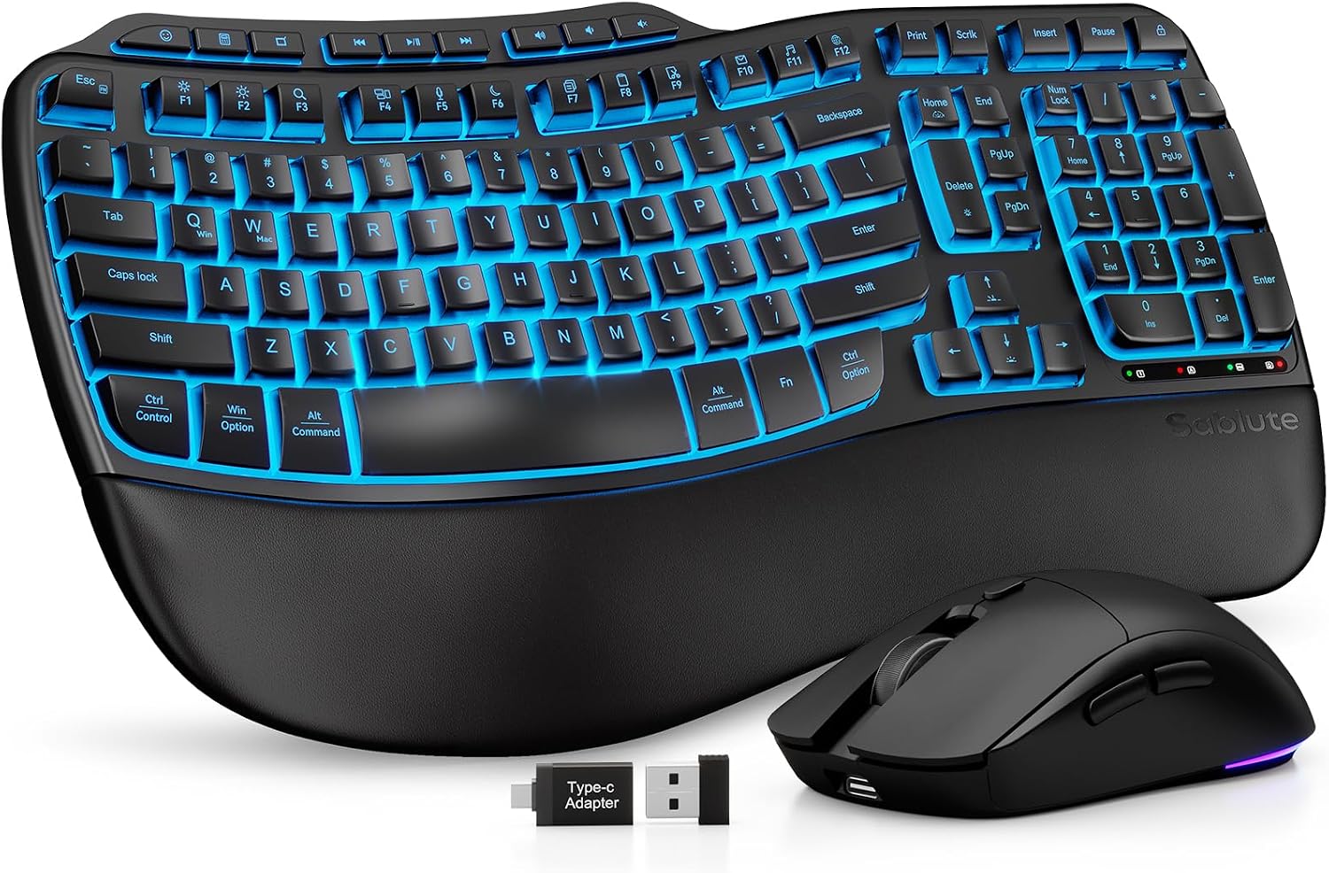 SABLUTE Ergonomic Wireless Keyboard and Mouse Combo, Rechargeable 4000mAh Backlit Keyboard with Soft Faux Lambskin Palm Rest, Wave Keys for Natural Typing, Compatible with Windows/Mac/Chrome OS