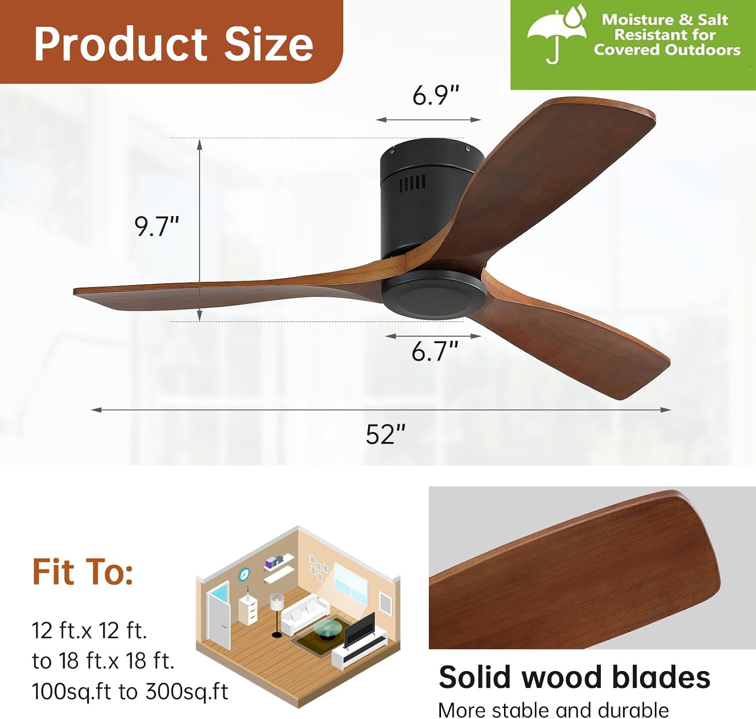 Sofucor 52 Inch Low Profile Ceiling Fans No Light, Flush Mount - Image 7
