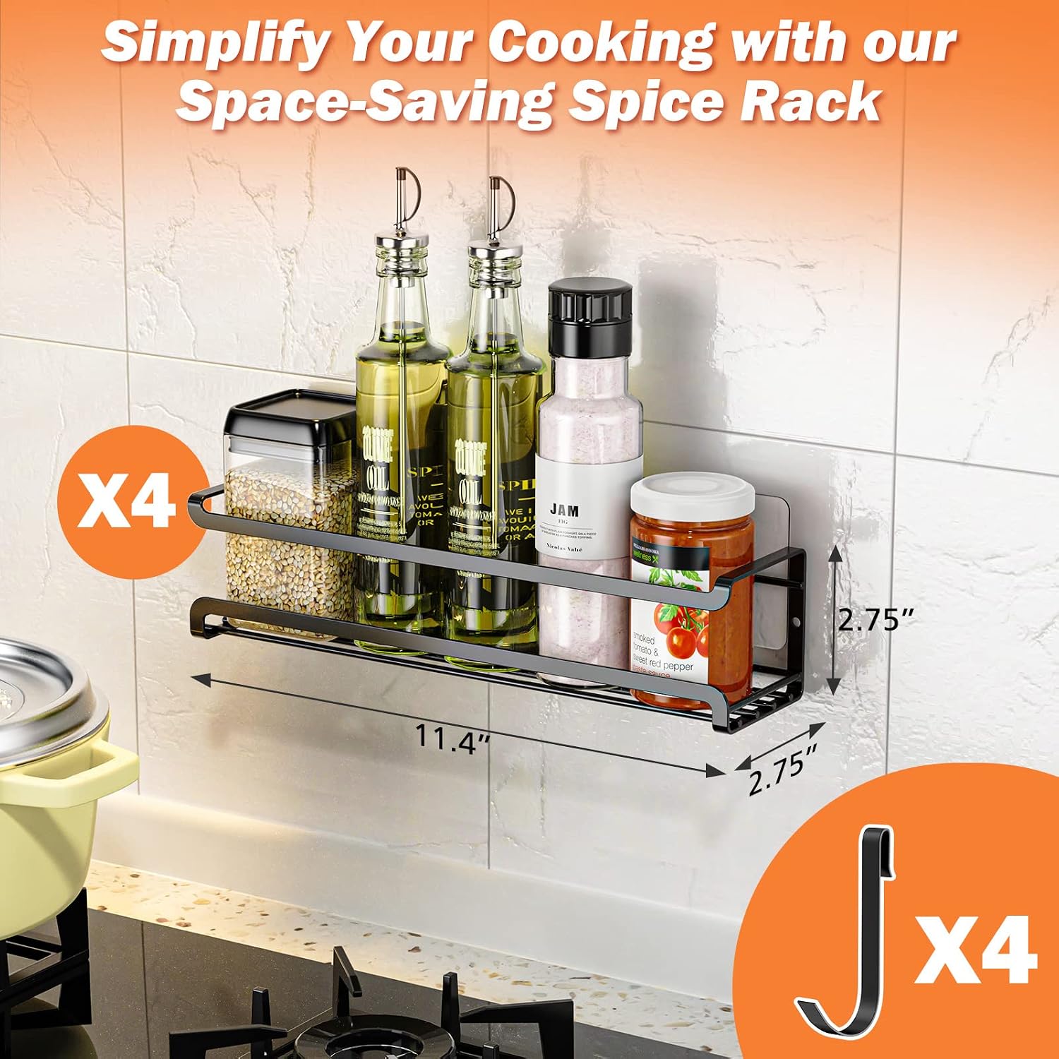 Bunoxea Spice Rack Wall Mounted 4 Pack, For Spice Jars & Seasonings,Black - Image 7