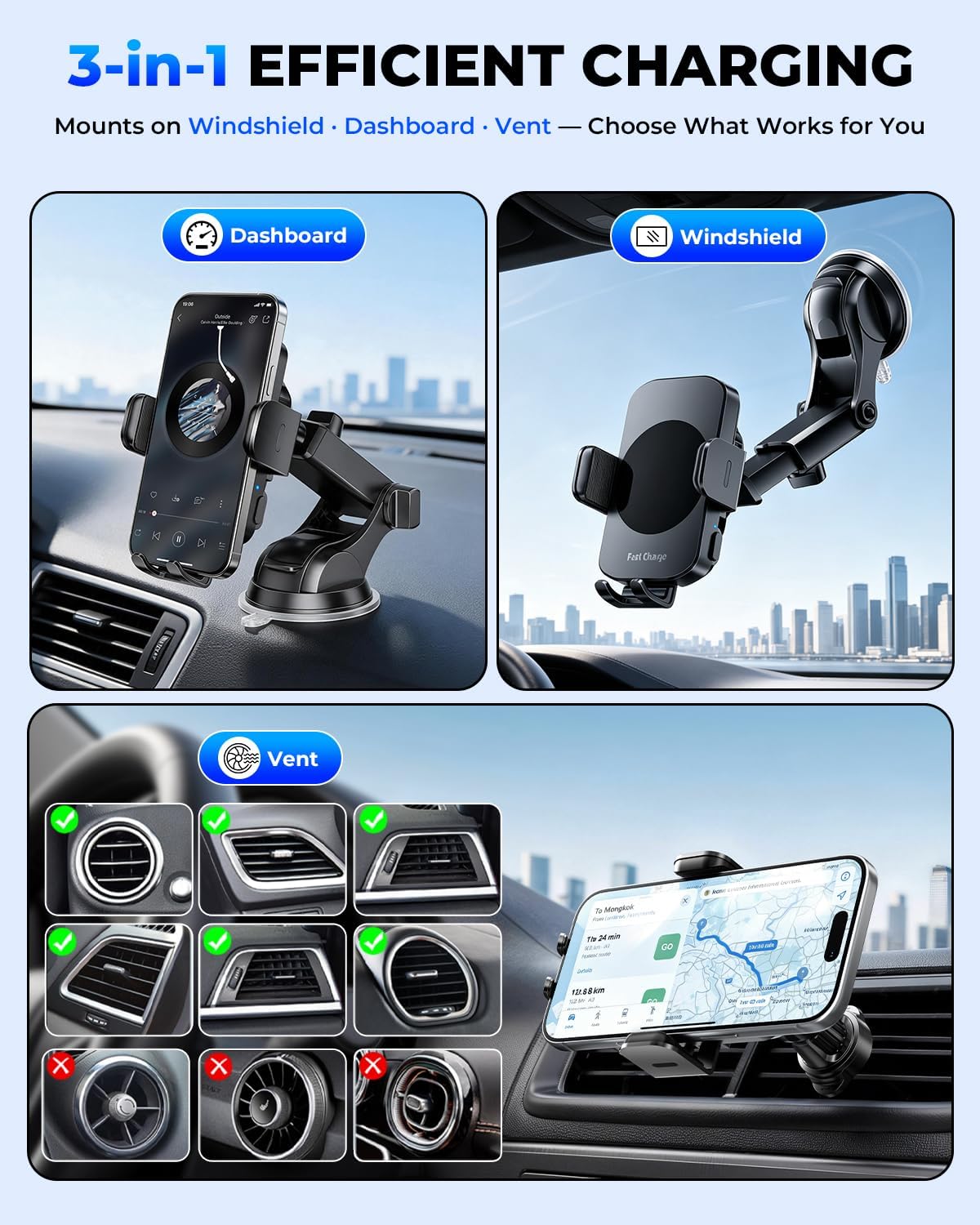 3-in-1 Wireless Car Charger Mount, 15W Fast Charging Auto-Clamping Phone Holder for iPhone 17 16 15 14, Samsung Galaxy S24 S23, Dashboard, Vent & Windshield Car Mount - Image 3