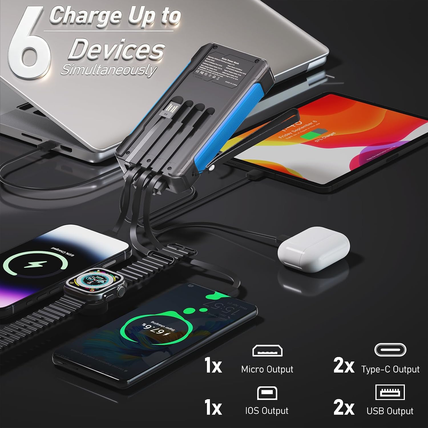 Solar Power Bank 20000 mAh Built-in 3 Cables Wireless Charger - Image 2