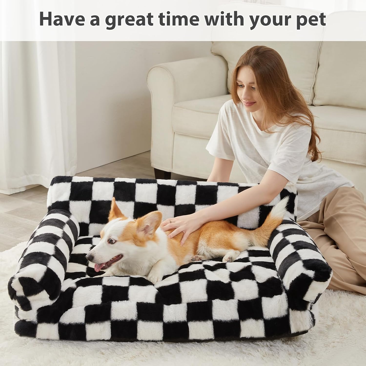 BFPETHOME Large Dog Couch Bed, Cute Pet Sofa with Non-Slip Bottom, Checkered Dog Bed with Washable Cover, XL Pet Couch (Black&White) - Image 3
