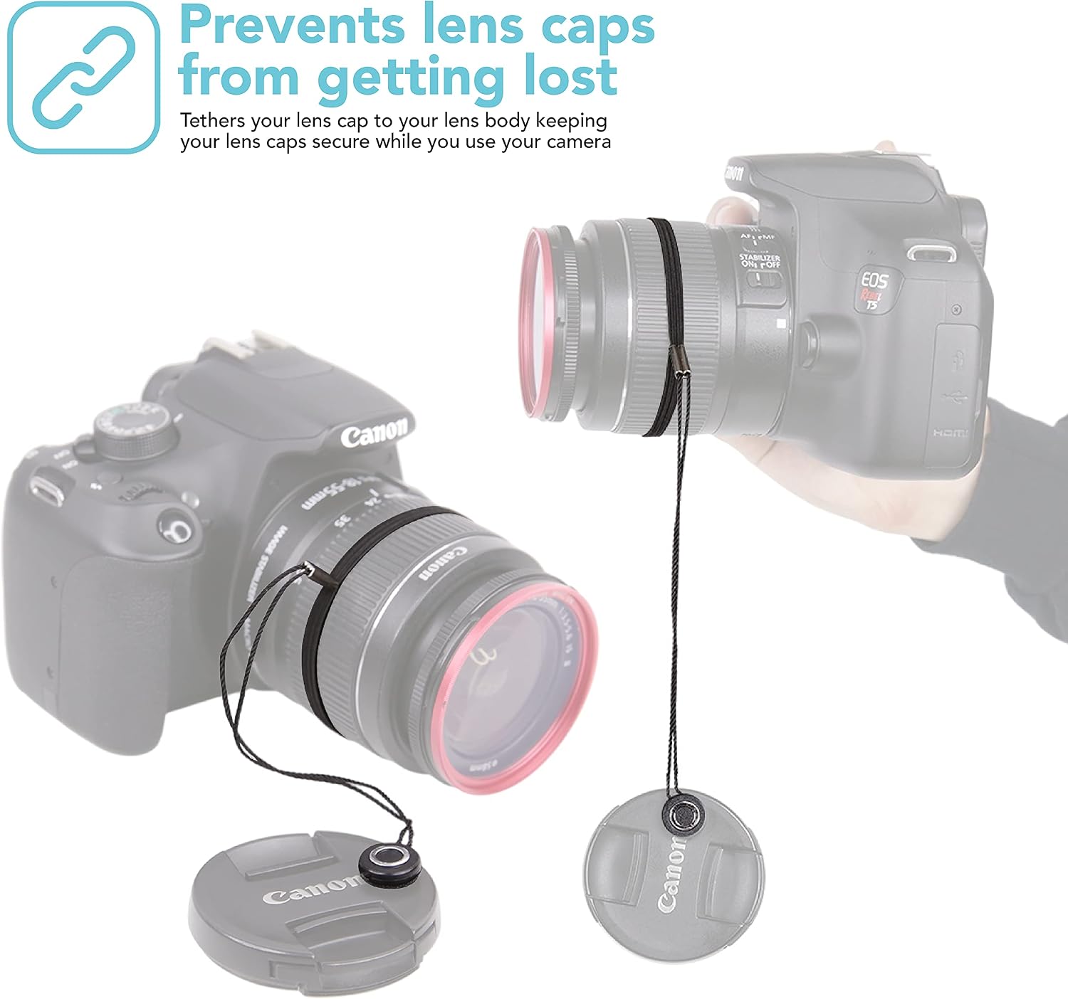 Foto&Tech Camera Lens Cap Leash with Elastic String, Compatible with Universal DSLR SLR Evil Mirrorless Cameras Video (x3) - Image 2