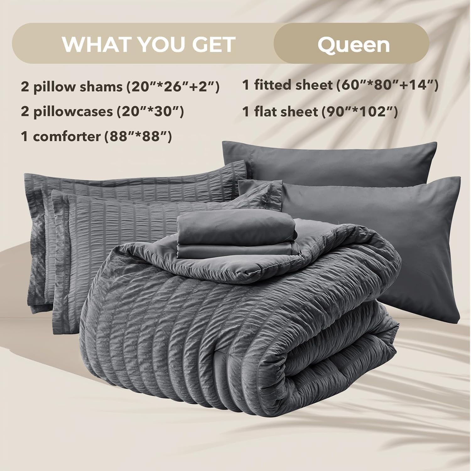 Queen Comforter Set - 7PCS Bed in a Bag, Seersucker Bedding Set, Dark Grey - Image 5
