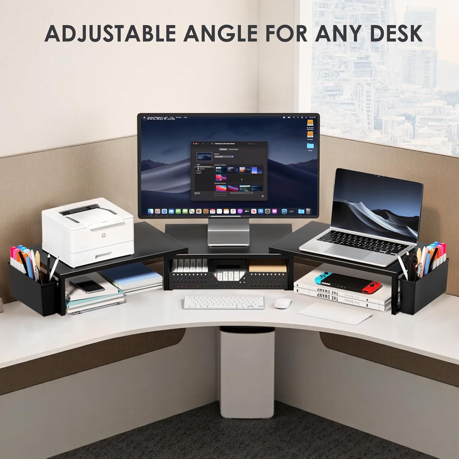 OPNICE Desk Organizers and Accessories, Dual Monitor Stand Riser with Drawer and 2 Pen Holders, Desk Shelf Computer Racks & Printer Stand for Office Workspace Organizers, Desktop Organization (Black) - Image 6