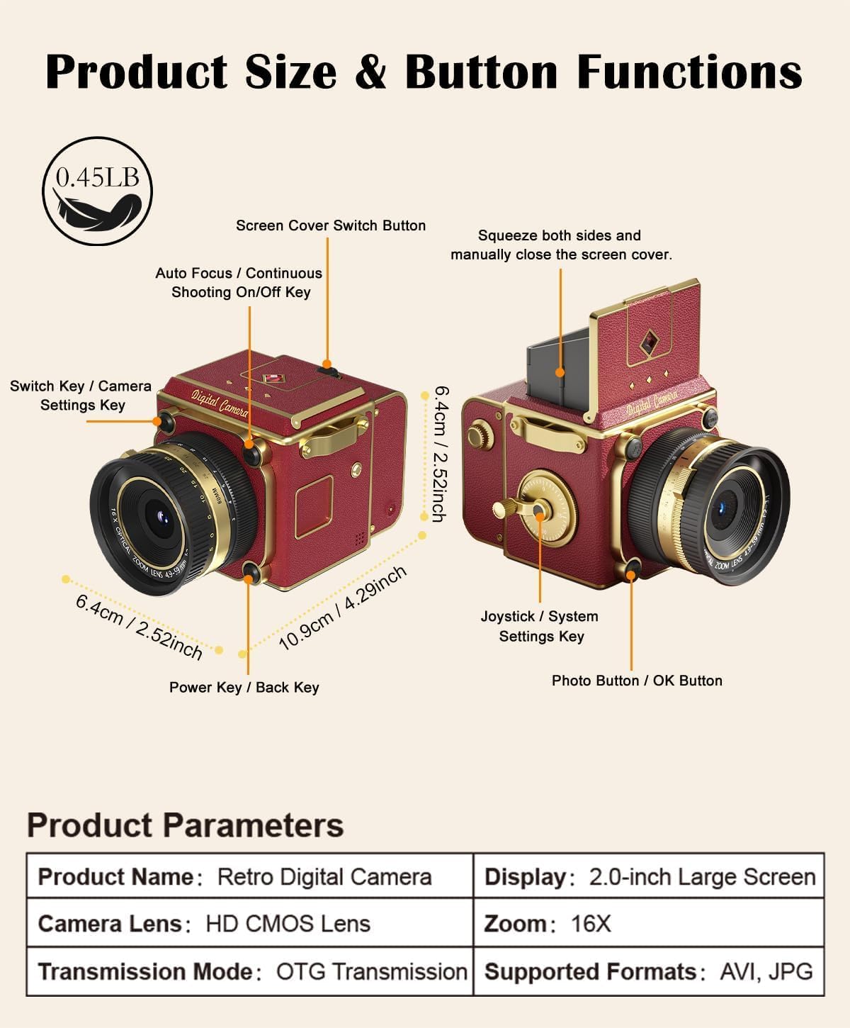 Vintage Digital Camera, 64MP 2.7K Mini Vintage Camera with Autofocus, 2" IPS Waist-Level Screen, 16GB TF Card, 16X Zoom Retro Point and Shoot Camera for Beginners, Red Vintage Decor - Image 8