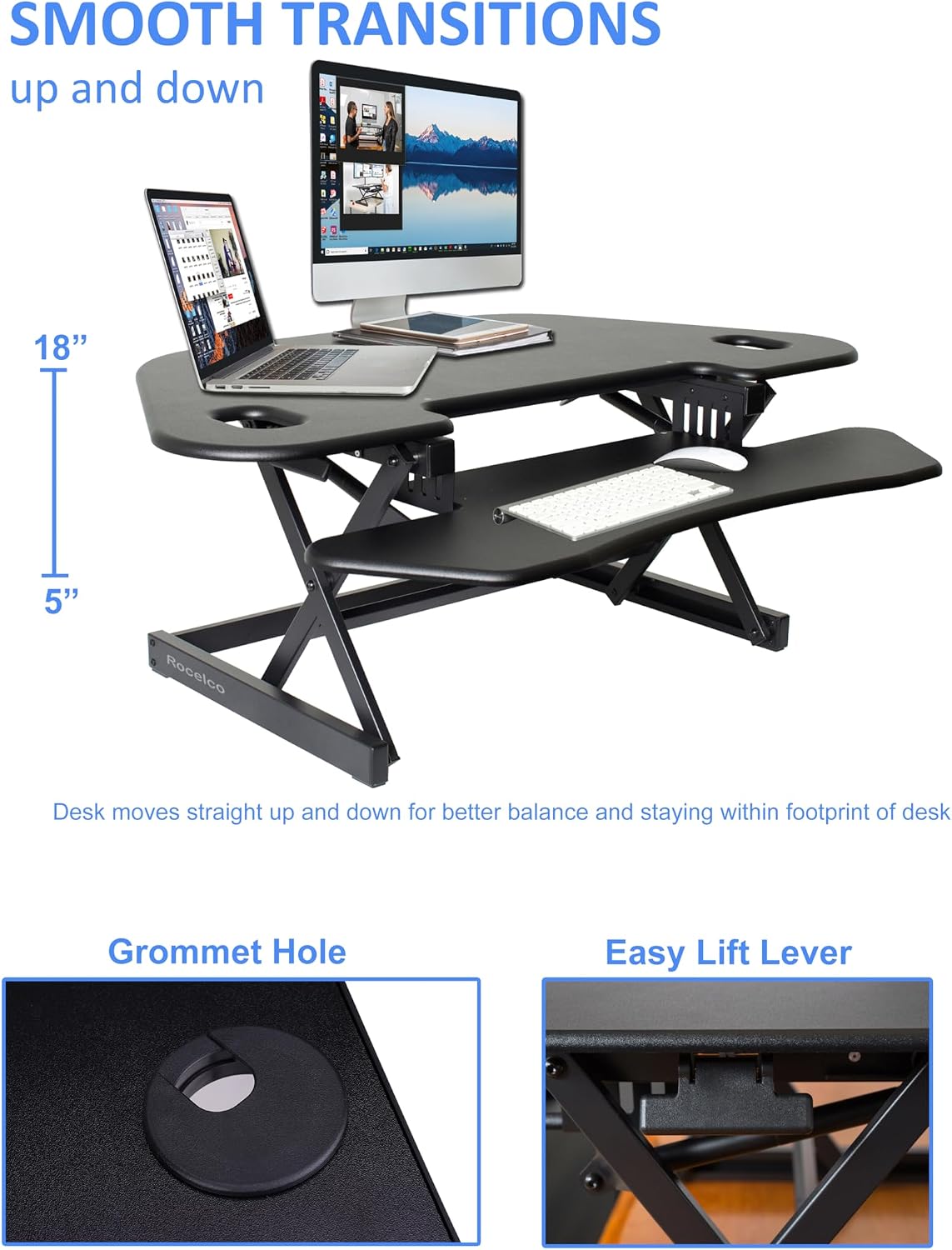 Rocelco 46" Height Adjustable Corner Standing Desk Converter - Quick Sit Stand Up Dual Monitor Riser - Gas Spring Assist Tabletop Computer Workstation - Large Keyboard Tray - Black (R CADRB-46) - Image 3