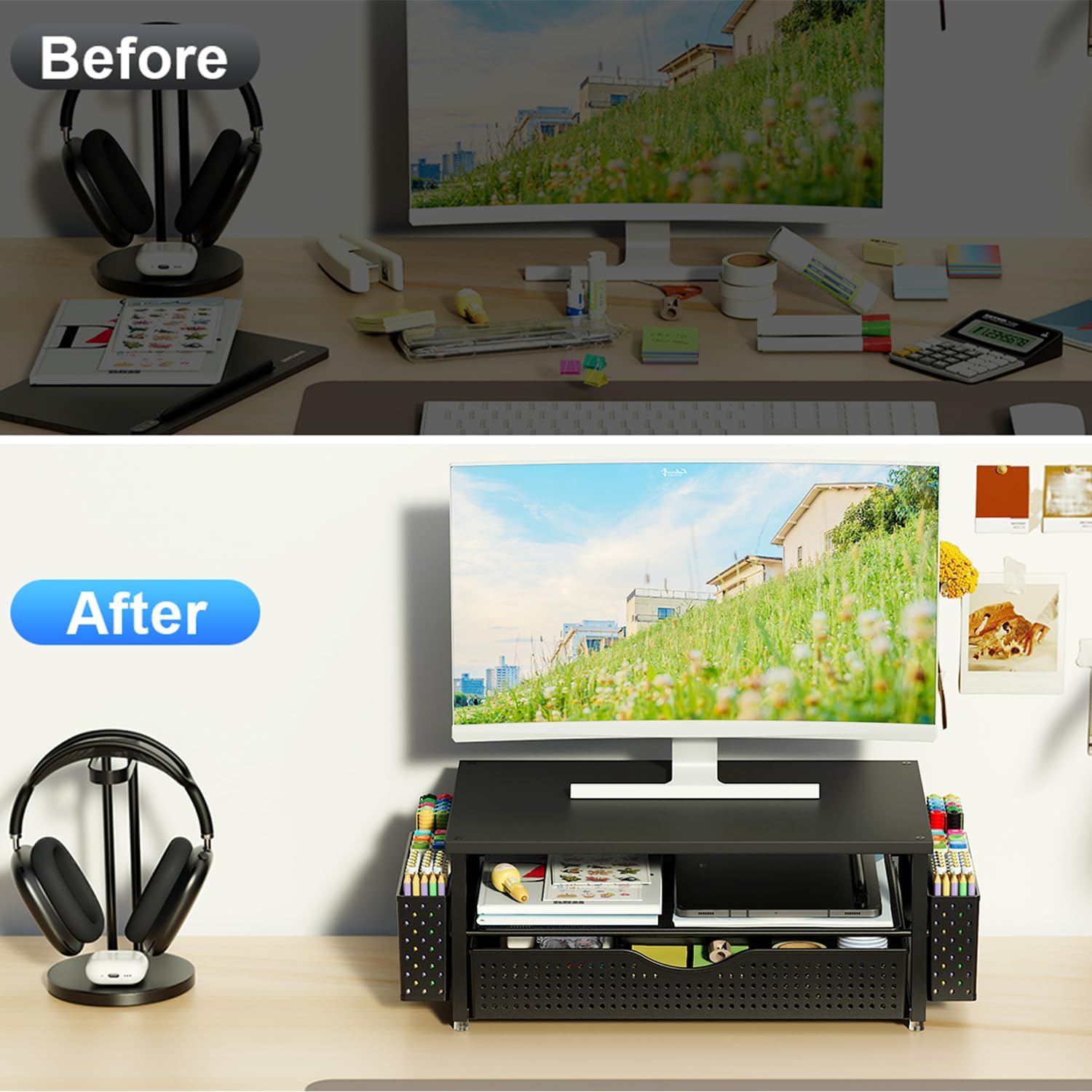 Spacrea Computer Monitor Stand with Drawer and 2 Pen Holders, Black - Image 3