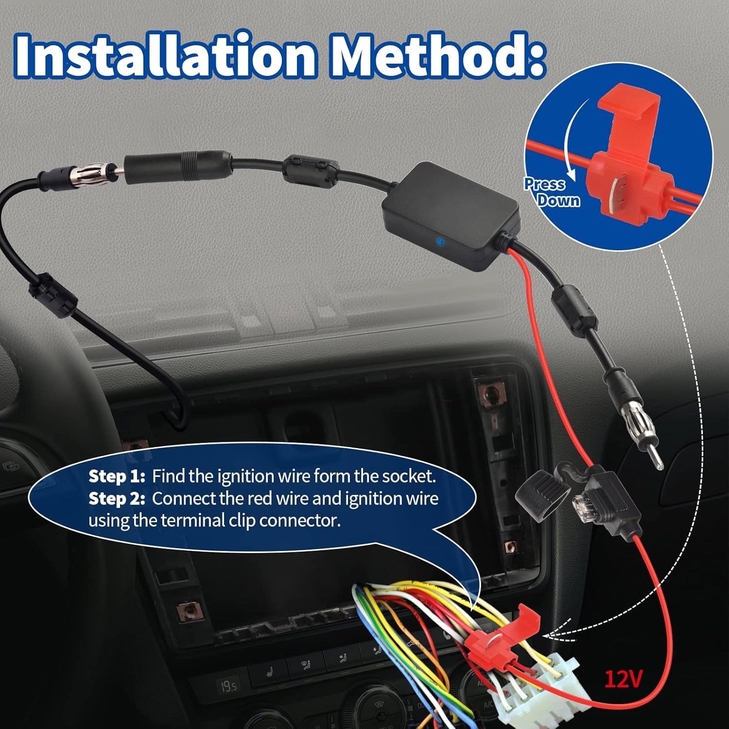 Bingfu Universal Car Stereo FM Radio Antenna Signal Booster Amplifier Amp,12V Power Supply DIN Plug Connector Adapter for Vehicle Truck SUV Car Audio Radio Stereo Media Head Unit Receiver - Image 2