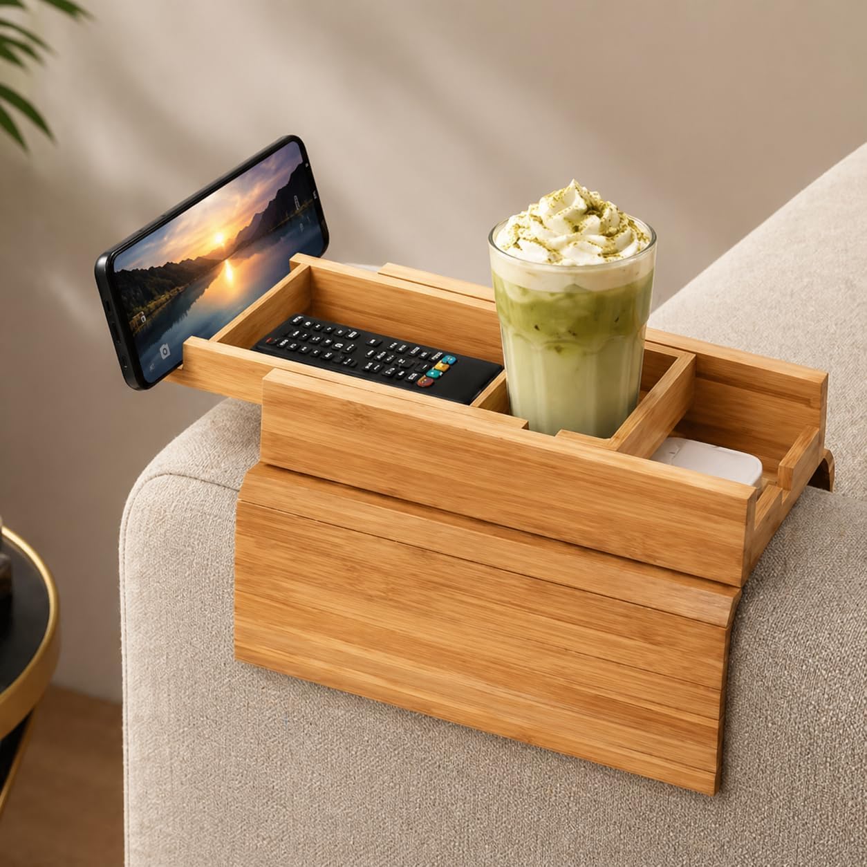 Bamboo Sofa Armrest Tray with Detac...
