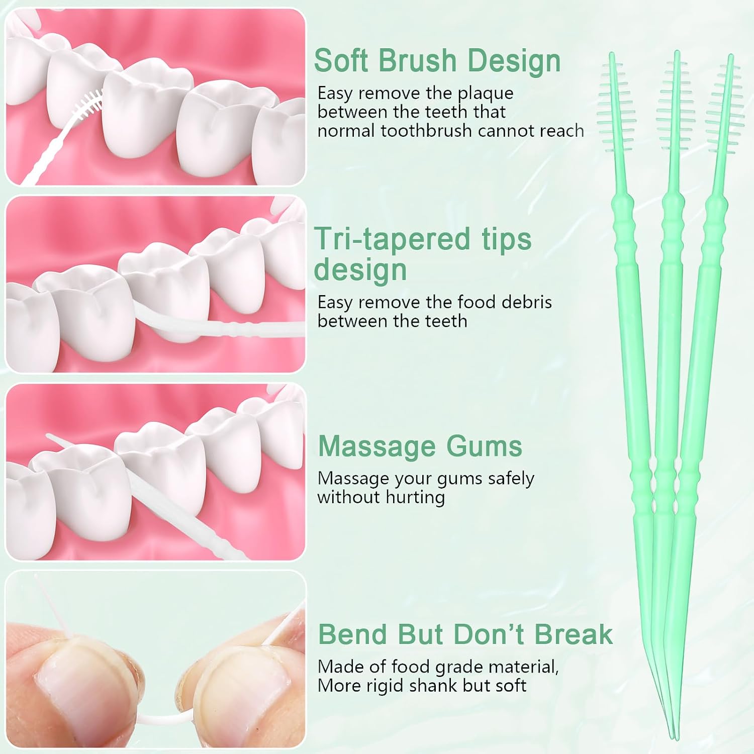 DanTicy Brushpicks Interdental Toothpicks,Soft Bristle Dental Floss Picks Toothpicks,Helps Removes Plaque and Debris Between Your Teeth, Mint, 300PCS (Pack of 1) - Image 4