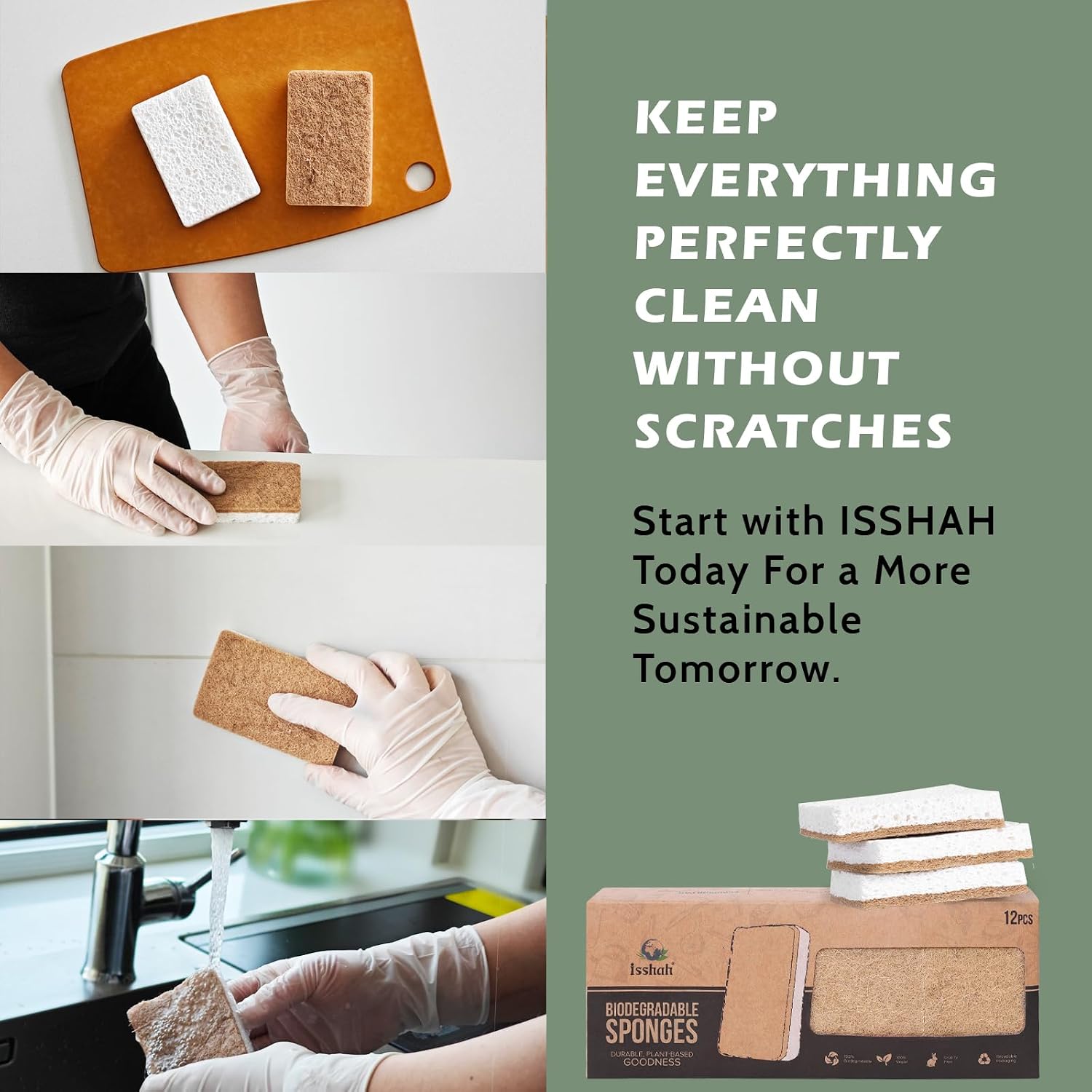 Isshah Plant-Based Kitchen Sponges - FSC Certified and PETA Approved, Natural, Eco-Friendly, Biodegradable Sisal Hemp Sponges for Dishes, Cleaning Sponge for Kitchen, Bathroom, Household - 12 Count - Image 6