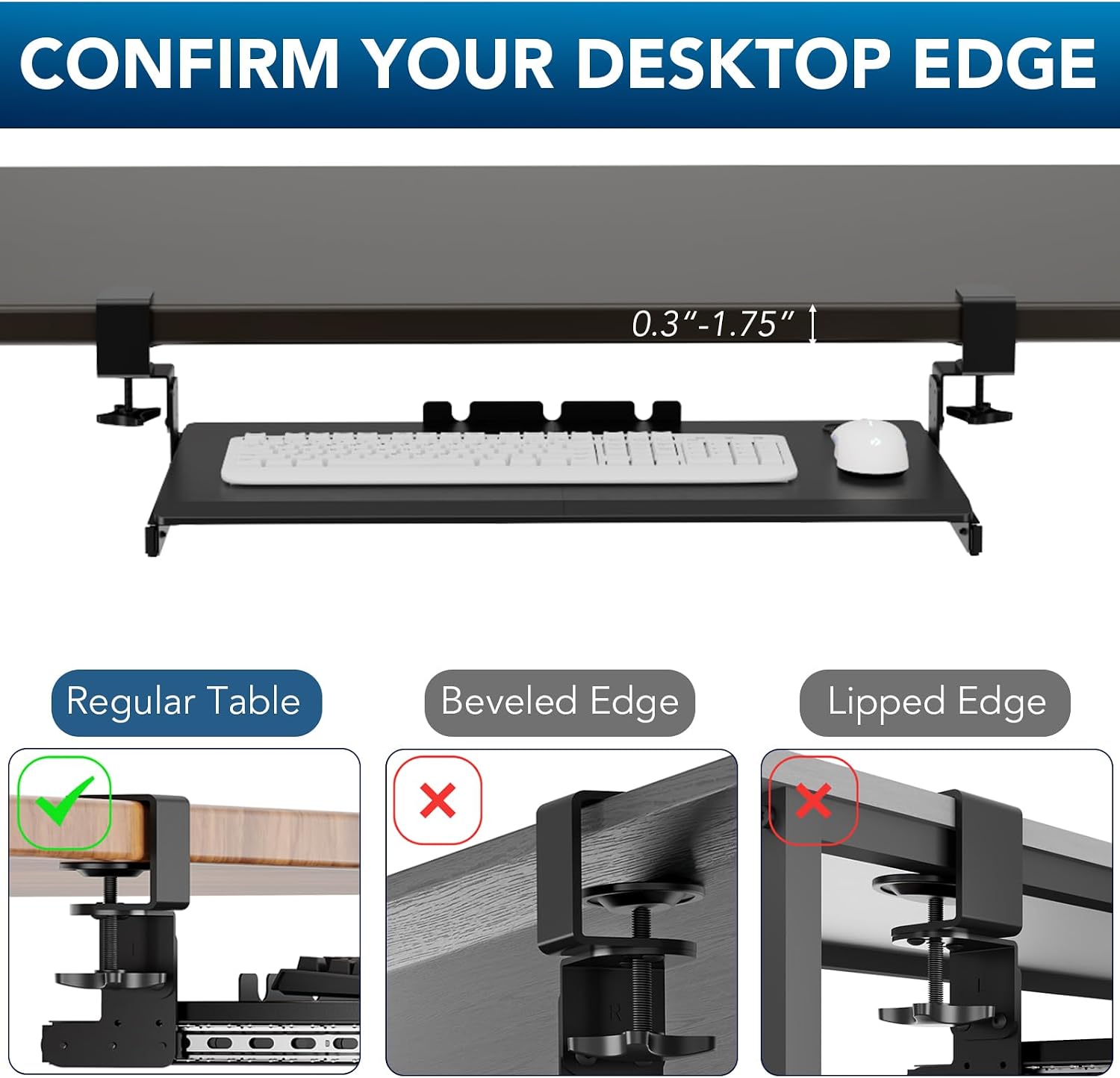 AX WABER Keyboard Tray Under Desk Pull Out with Extra Sturdy Adjustable C Clamp Mount System, 27.3 (32.5 inch Including Clamps) x 11 Inch Slide-Out Platform Computer Drawer for Typing, Black,AX01WB01 - Image 7