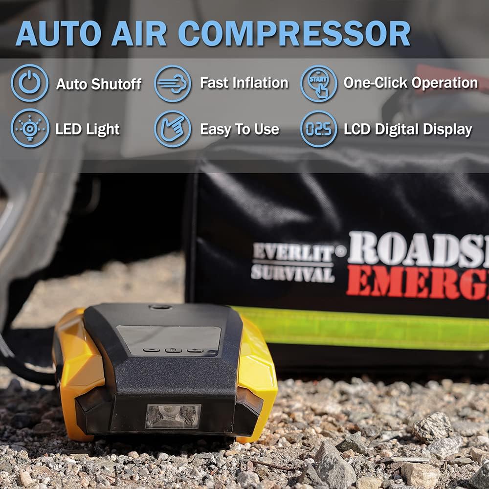 Everlit Survival Car Emergency Kit, Roadside Safety Tool Kit with Gloves,Digital Auto Air Compressor Tire Inflator, First Aid Kit, 12 Feet Jumper Cable, Tow Strap, Flashlight for Women, Men, Teenagers - Image 3