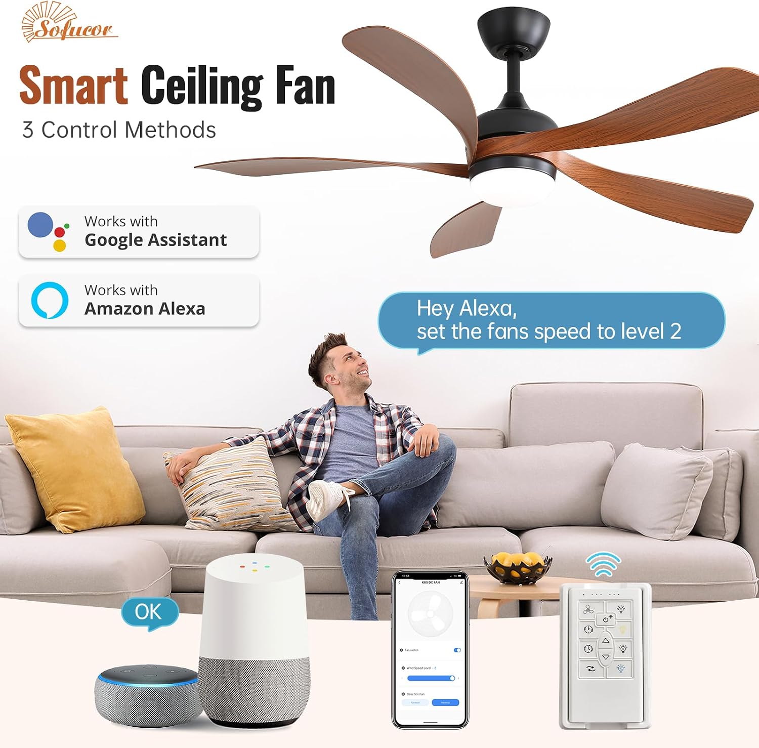 Sofucor 52 Inch Smart Ceiling Fan with Light, Modern Ceiling Fan with Dimmable Memory LED, Compatible with Alexa/Google/App, 6 Speeds 5000CFM, Timer Quiet Reversible DC Motor, 5 Plastic+ABS Blades - Image 2