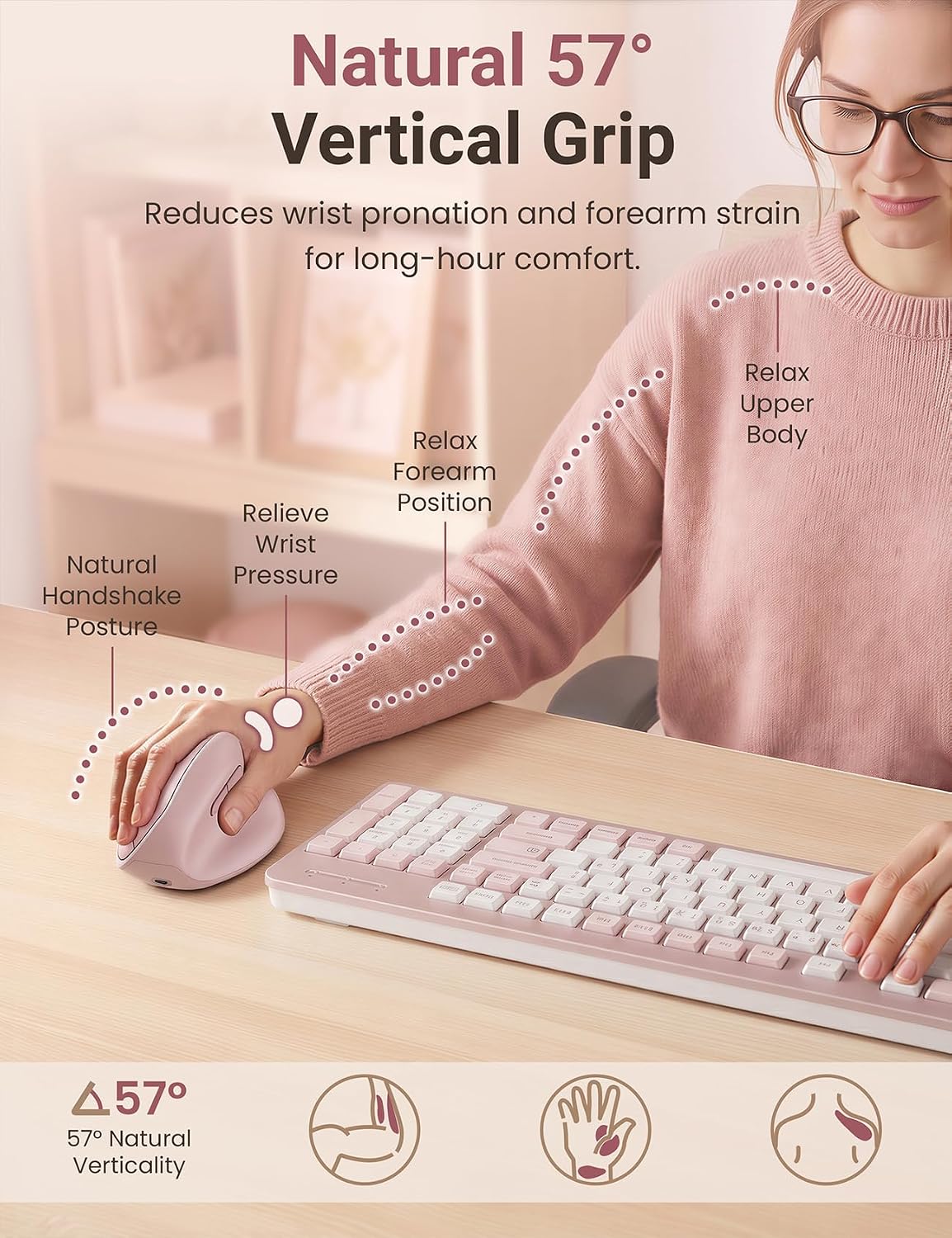 Ergonomic Vertical Wireless Mouse, 57°, Small/Medium Hands, Pink - Image 3