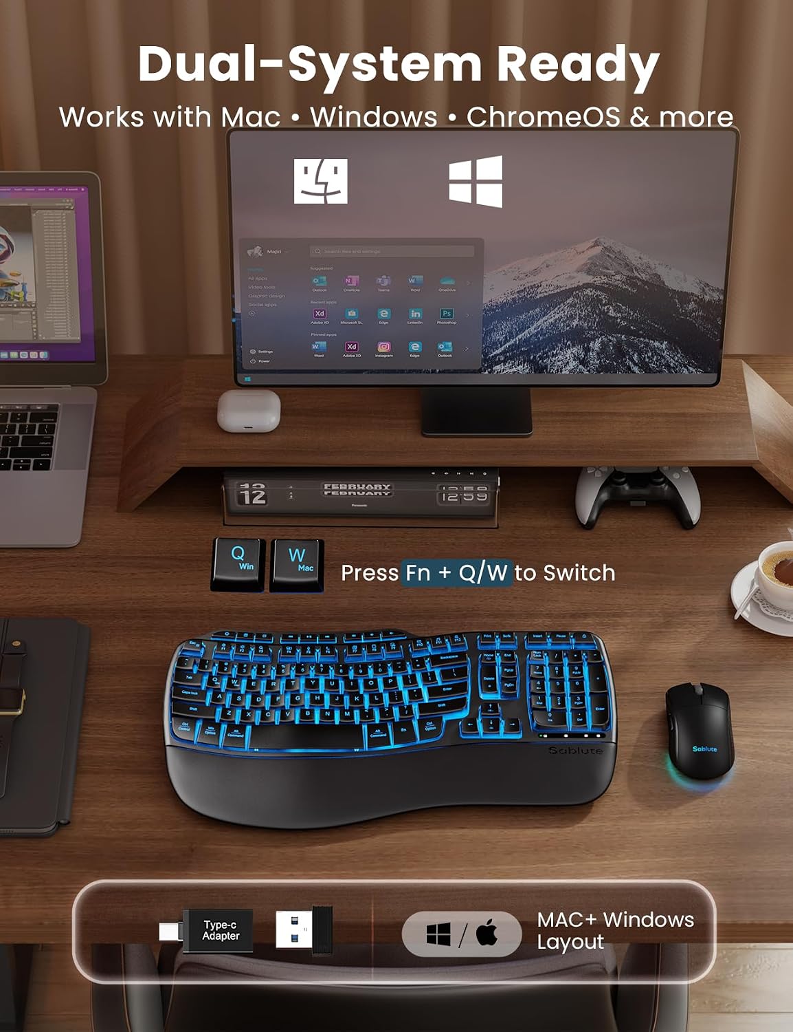 SABLUTE Ergonomic Wireless Keyboard and Mouse Combo, Rechargeable 4000mAh Backlit Keyboard with Soft Faux Lambskin Palm Rest, Wave Keys for Natural Typing, Compatible with Windows/Mac/Chrome OS - Image 7