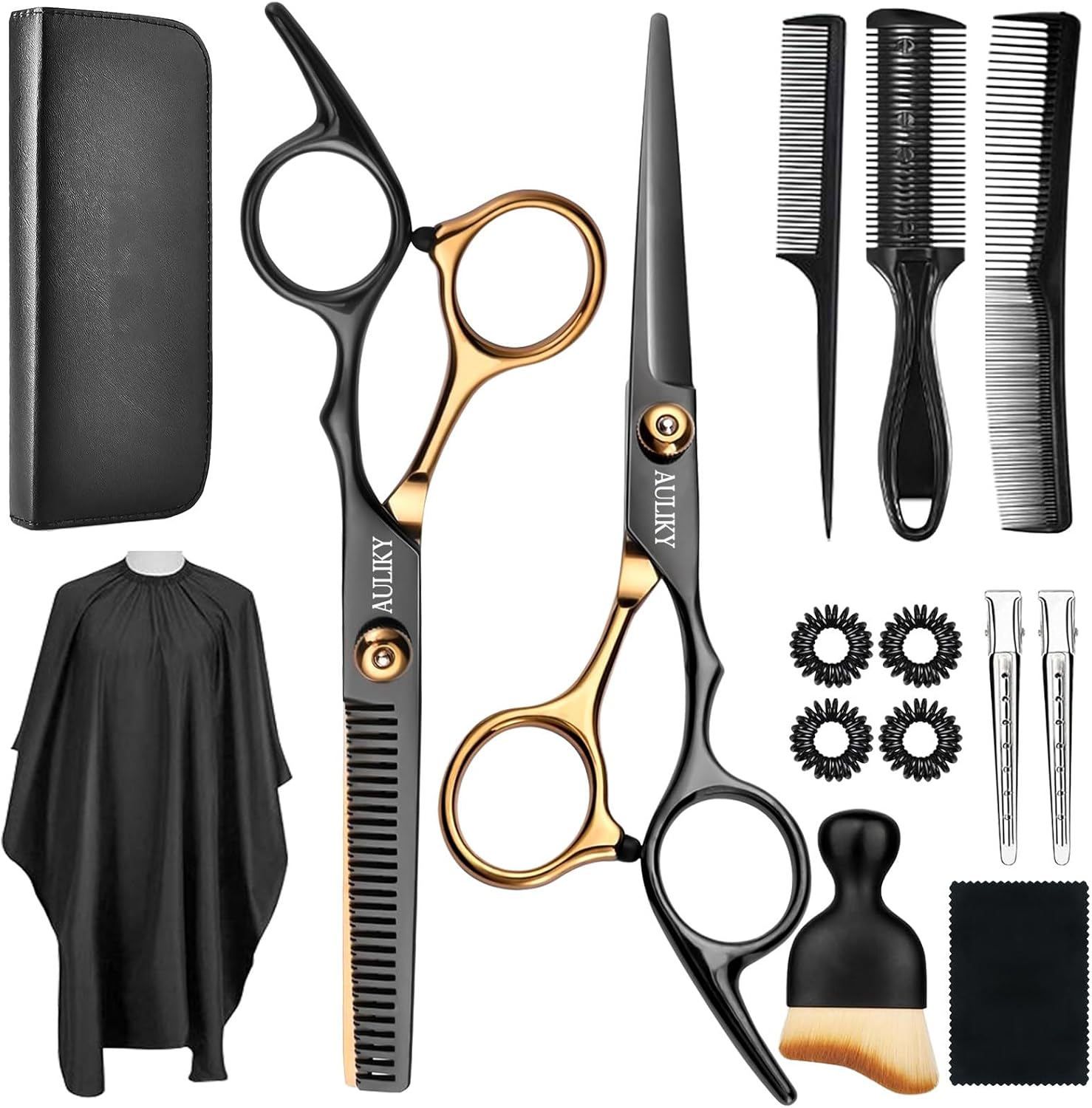 AULikY Hair Cutting Scissors Shears Kits, 15 Pcs Professional Stainless Steel Hairdressing Shears Set Thinning Scissors for Barber/Salon/Home/Men/Women/Kids/Adults
