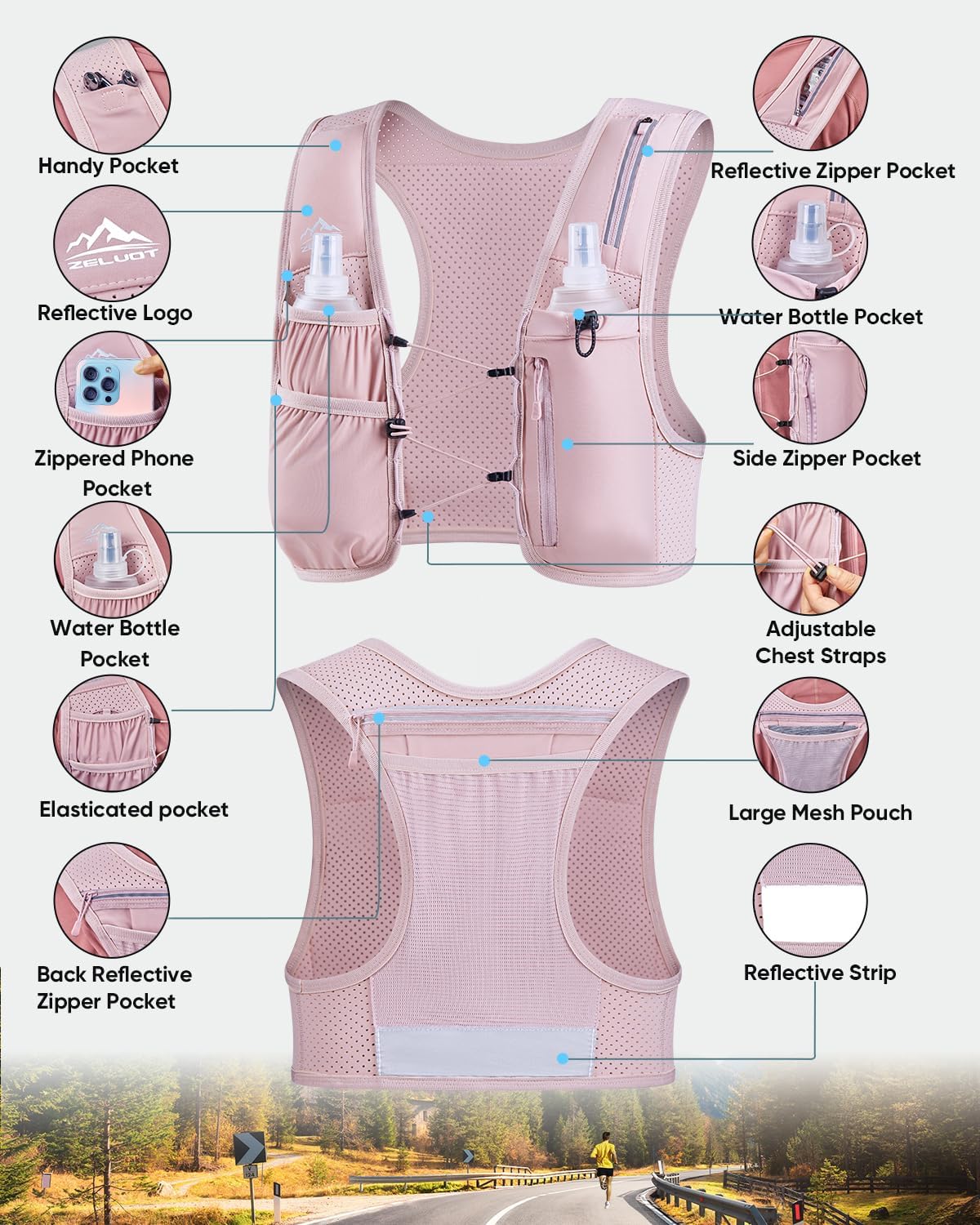 Zelvot Running Vest for Women Men, US Patent, Adjustable Chest Straps Running Hydration Vest with 500ml Soft Flask, Lightweight Reflective Hydration Backpack for Marathon - Image 5