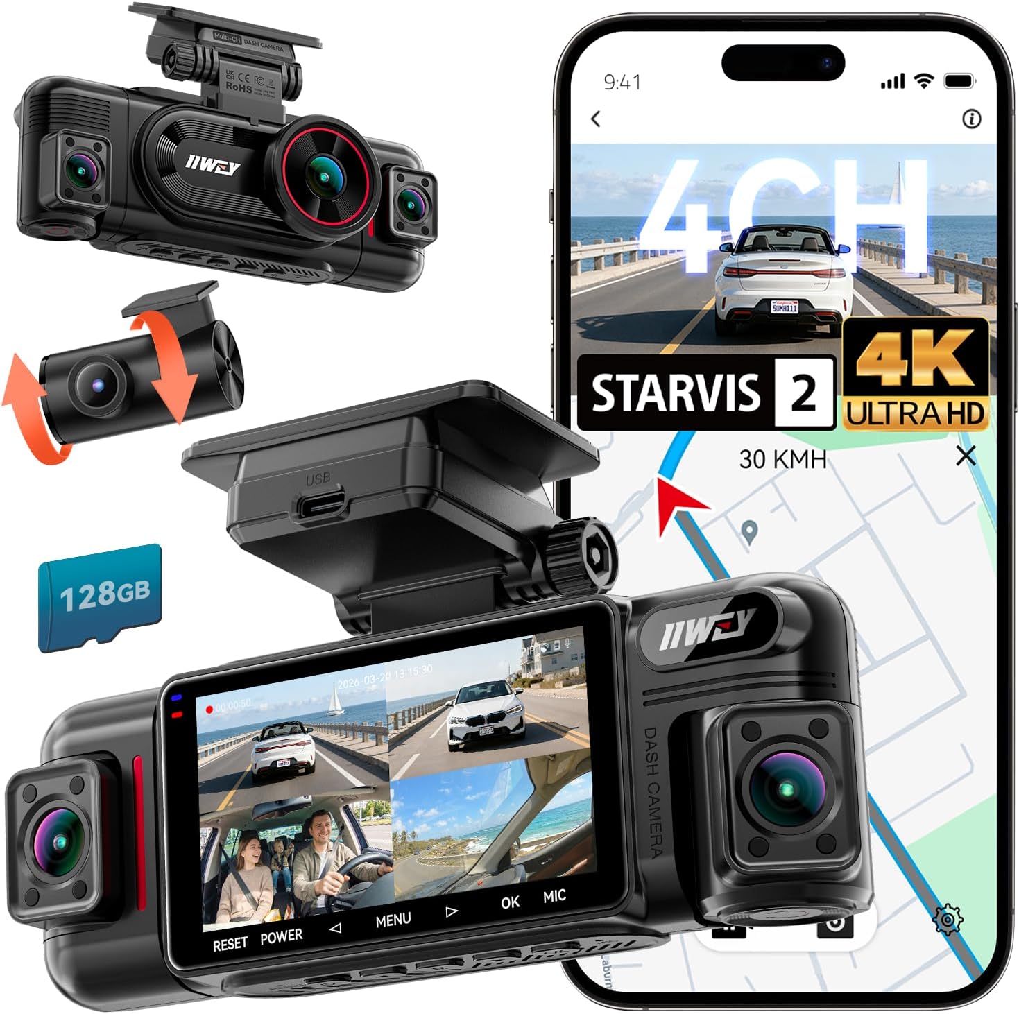 IIWEY N6 PRO 4K STARVIS 2 4-Channel Dash Cam 360° View, Free 128GB Card