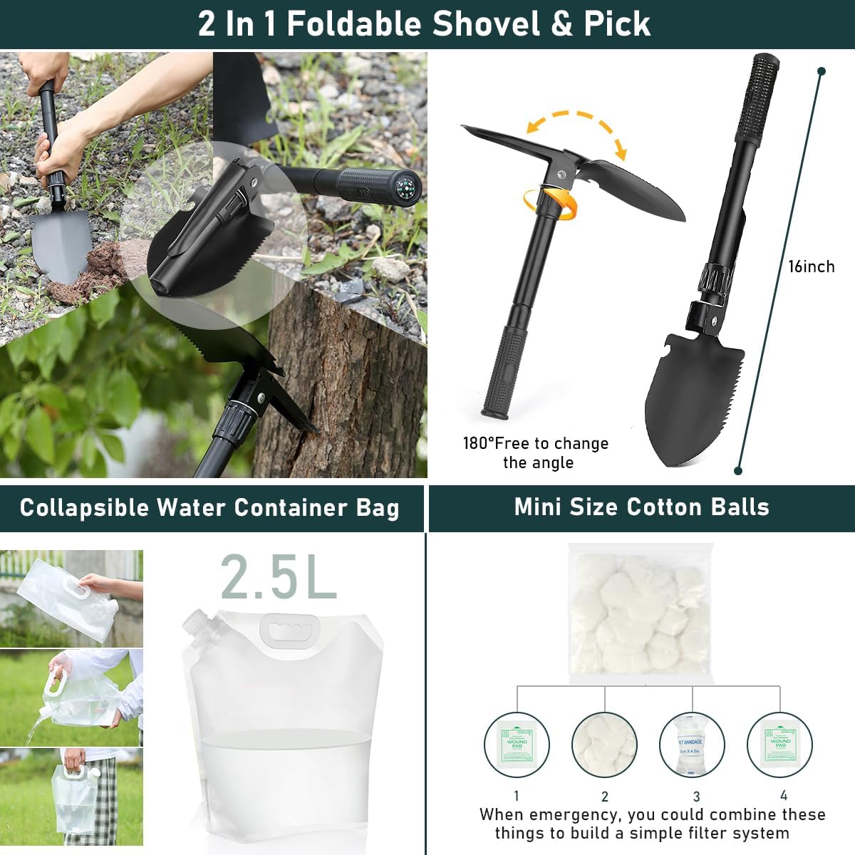 Survival Kit, 262Pcs Survival Gear and Supplies with First Aid Kit Pouch and Crossbody Bag, Emergency Kit with Tent, Camping Axe Hammer, Survival Shovel w/Pick, Bug Out Bag Gifts for Men Women - Image 4