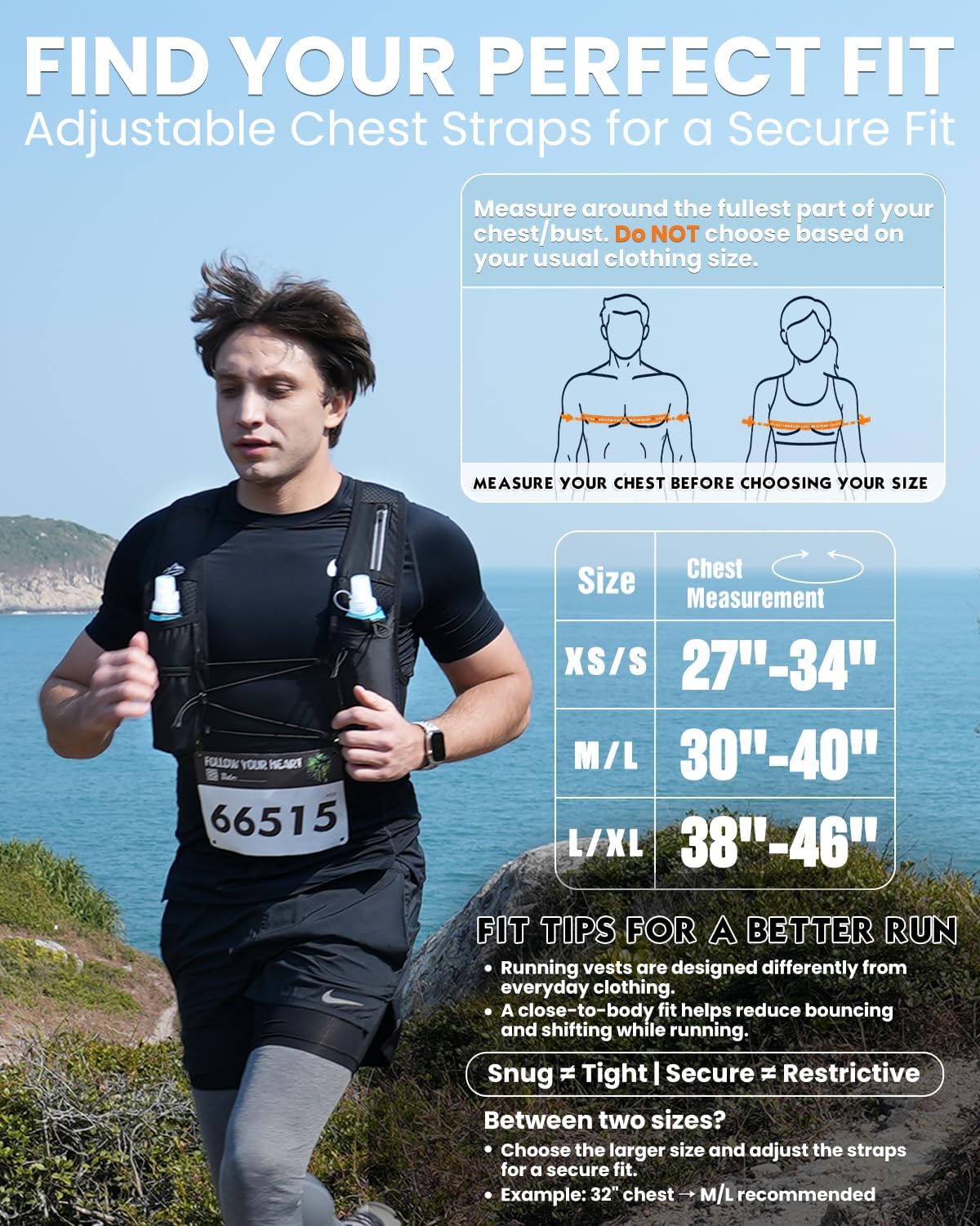 Zelvot Running Vest for Women Men, US Patent, Adjustable Chest Straps Running Hydration Vest with 500ml Soft Flask, Lightweight Reflective Hydration Backpack for Marathon - Image 7
