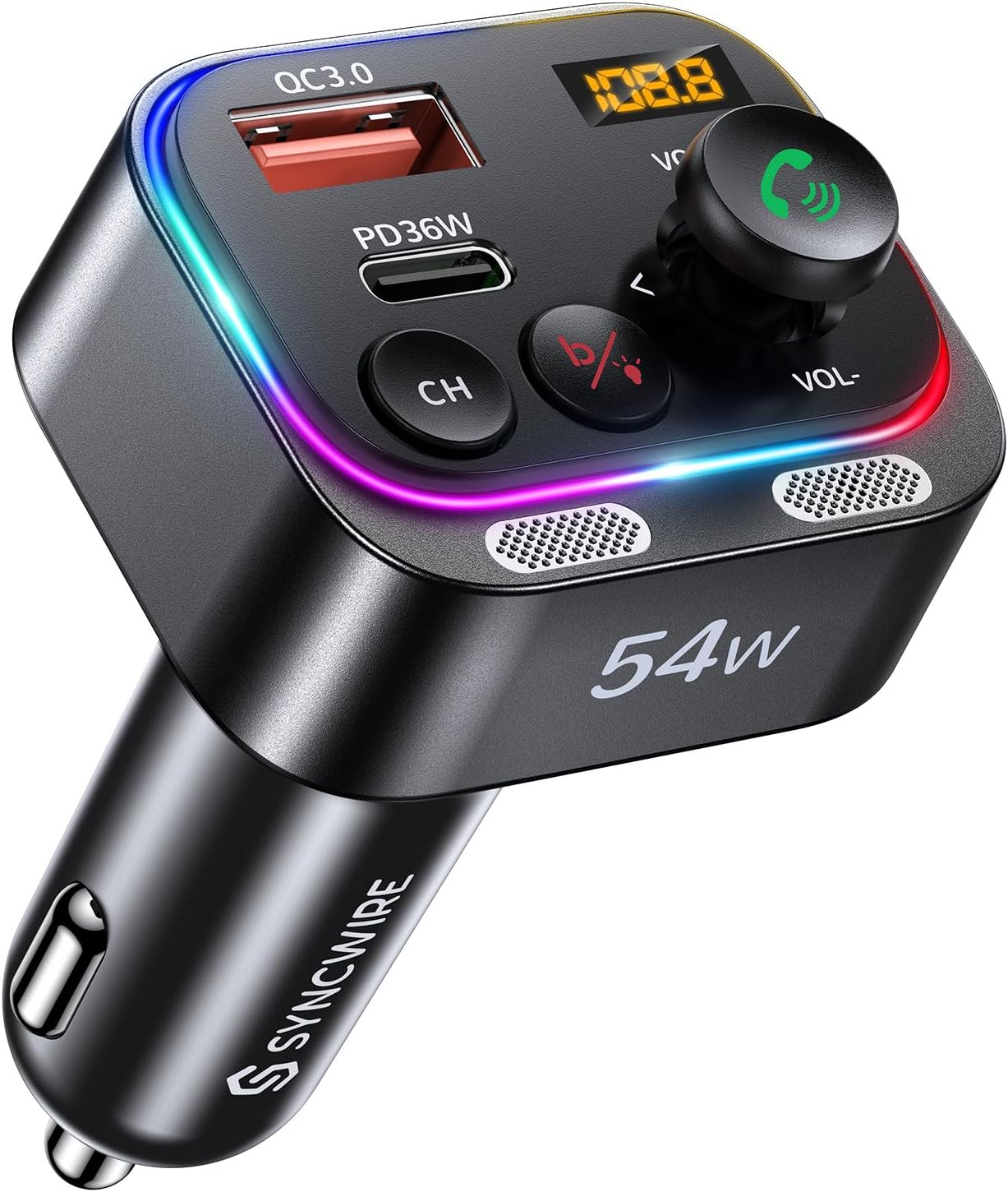 Syncwire Bluetooth 5.4 FM Transmitter Car Adapter 54W with Light Switch