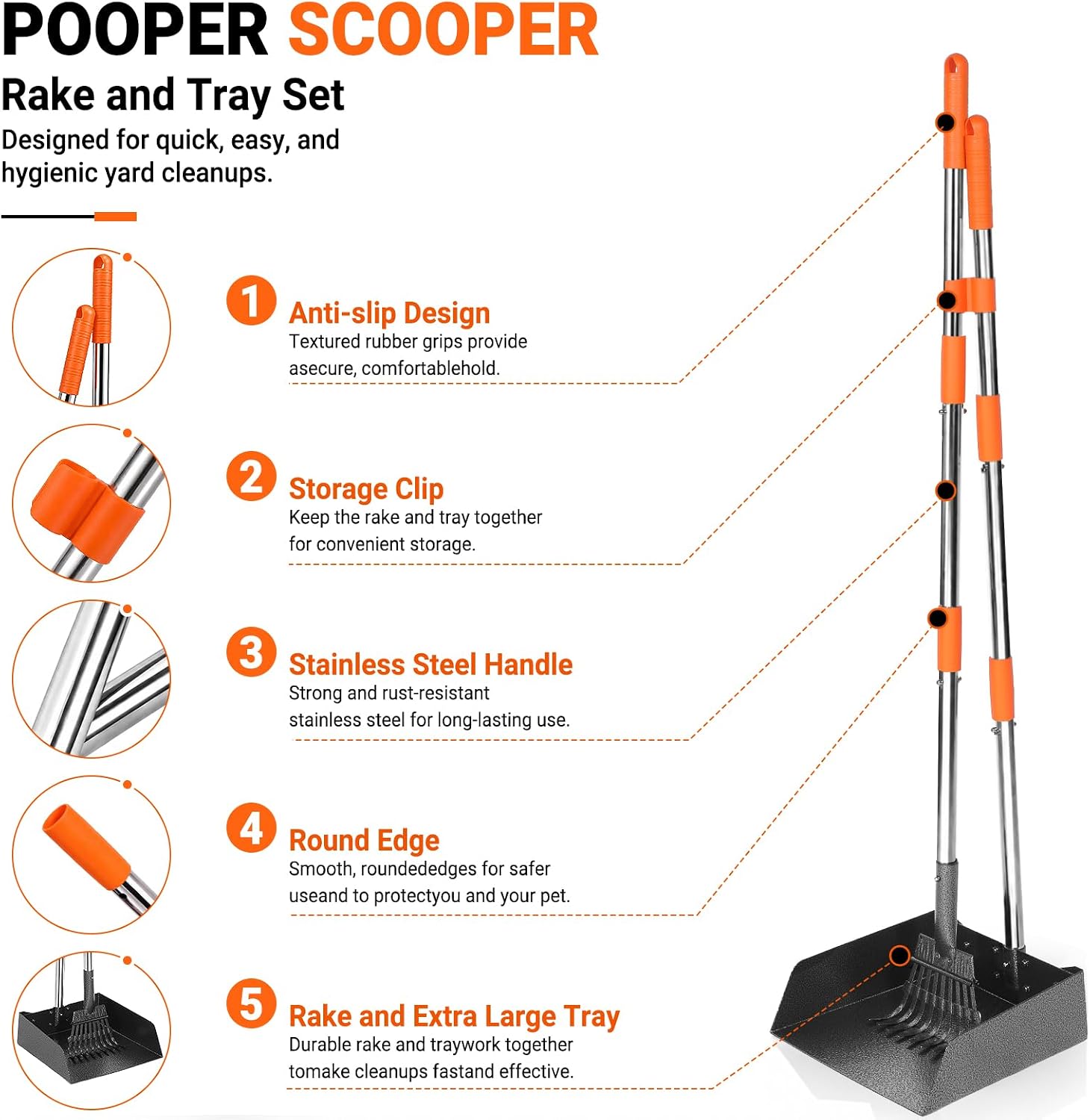 LEVELEVE Dog Pooper Scooper, Long Handle Stainless Metal Extra Large Tray and Rake Set for Medium Small Dogs, Heavy Duty to use on Grass, Dirt or Gravel - Image 2