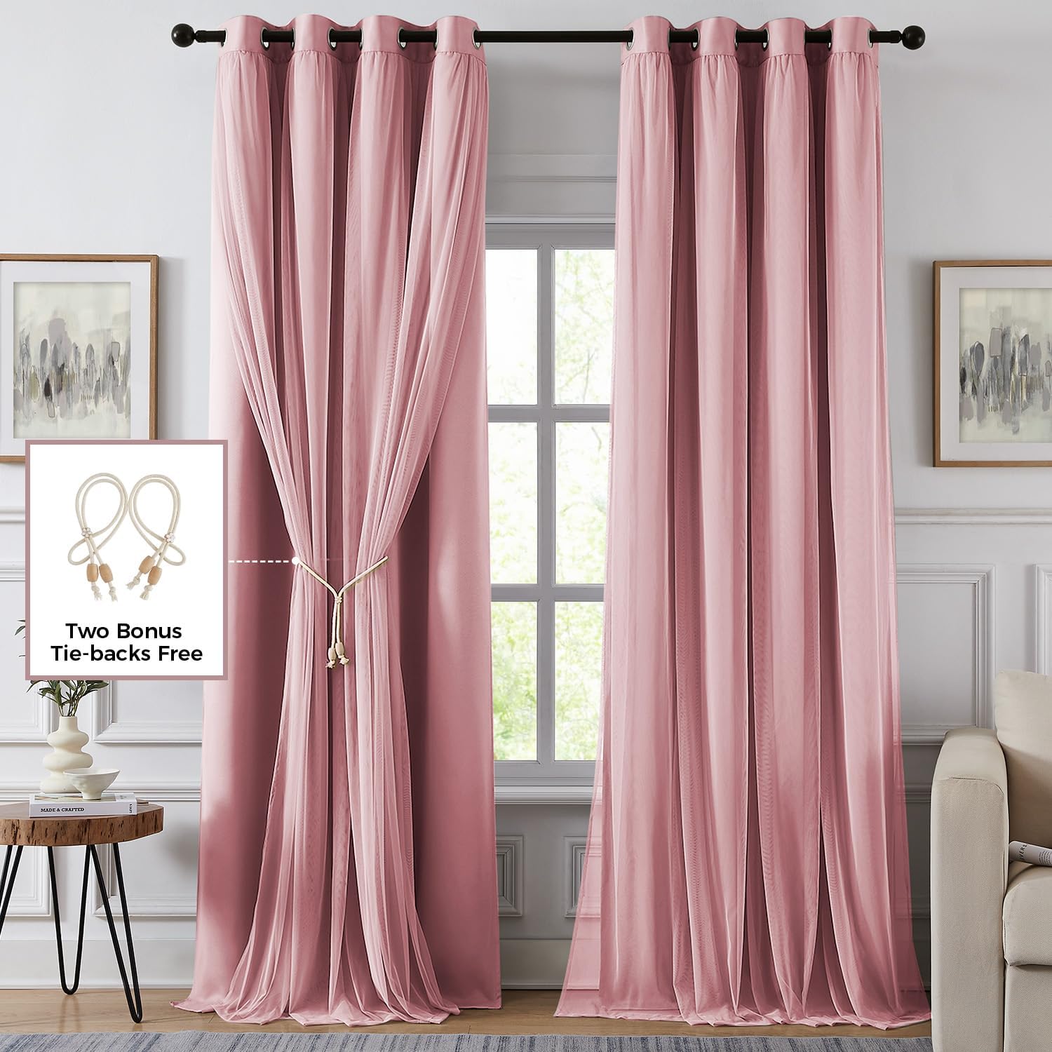 100% Blackout Curtains for Bedroom, Double Layer Pink 84" L - Image 2